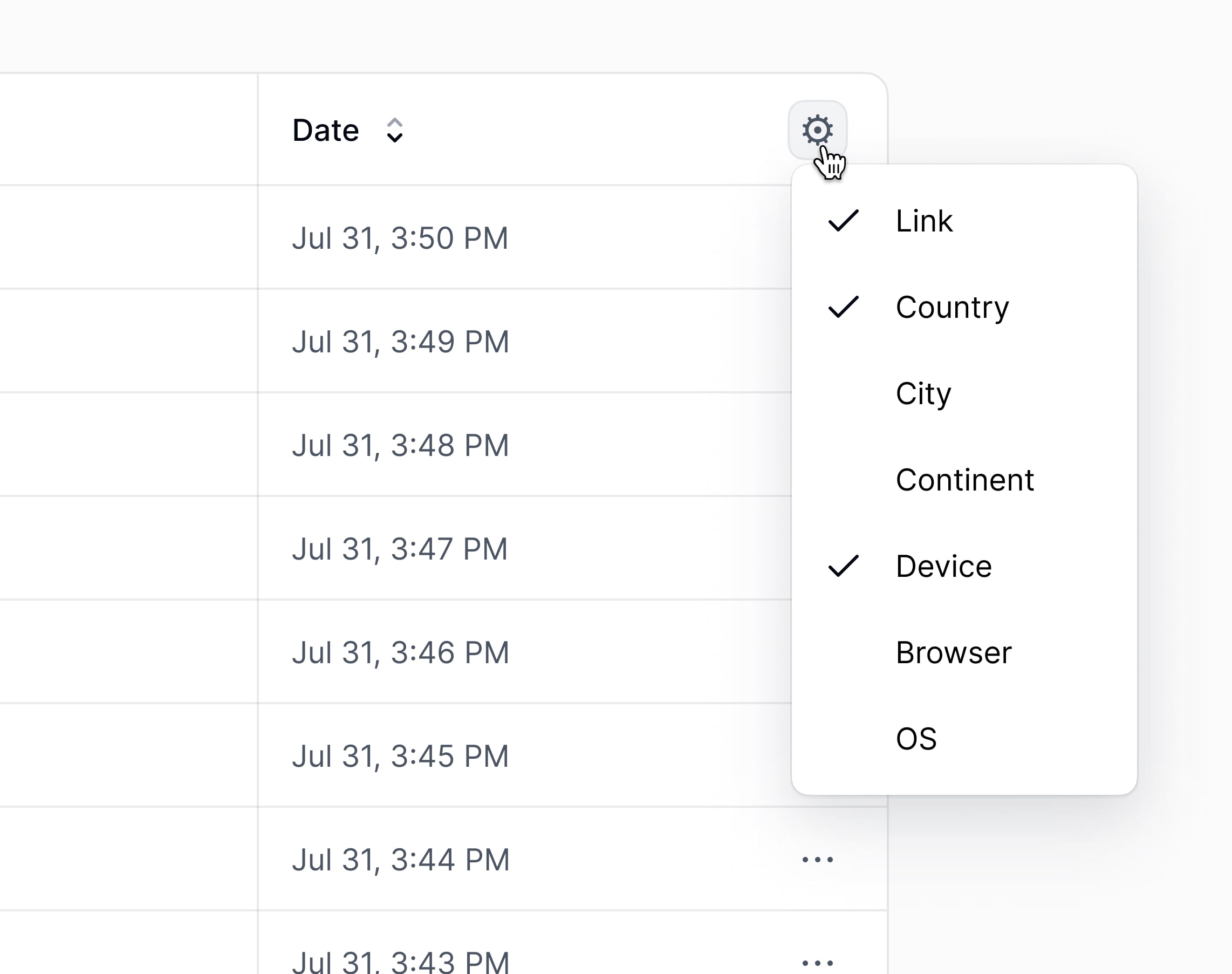 Selecting which columns to be displayed in the Events table