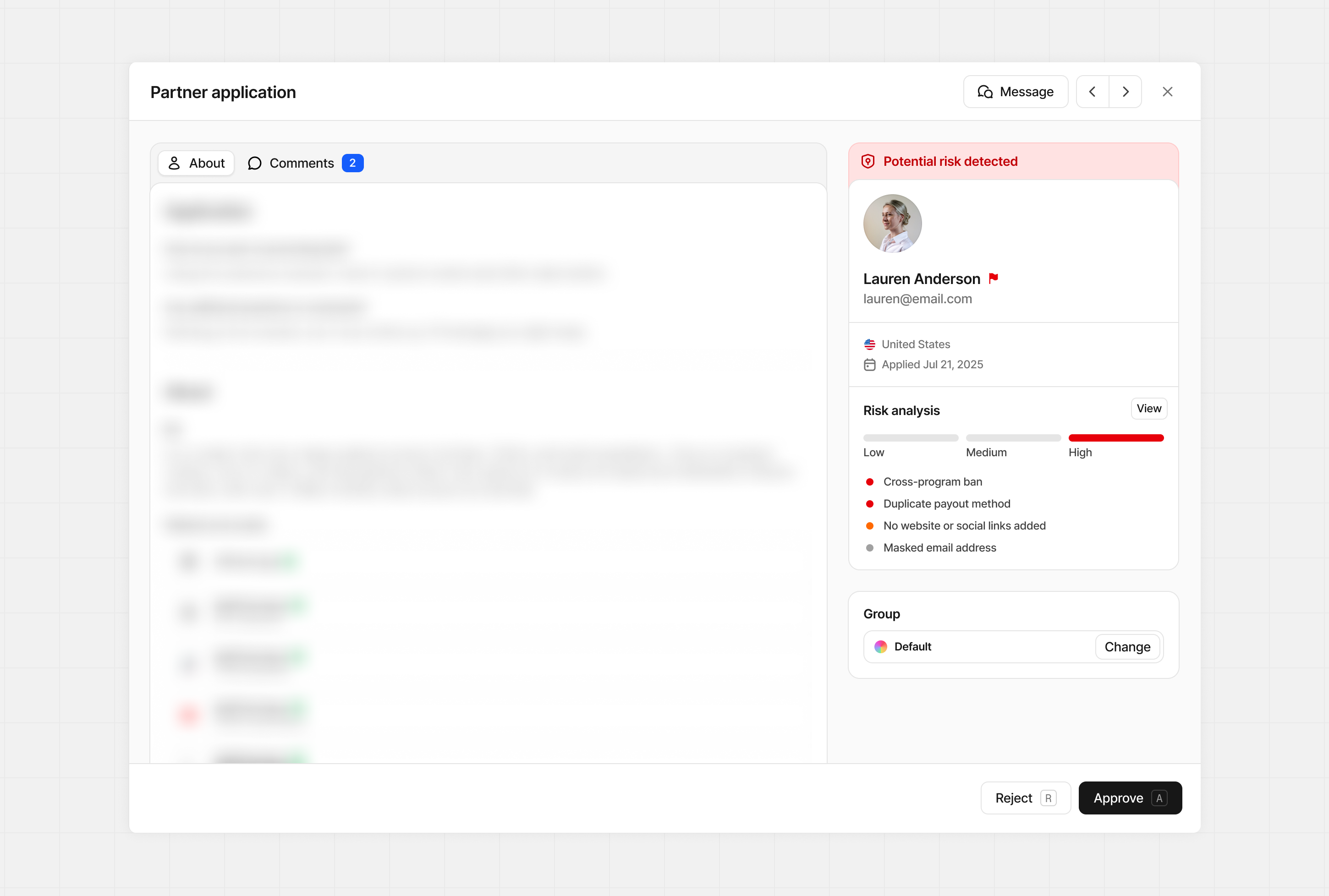 Application risk flag
