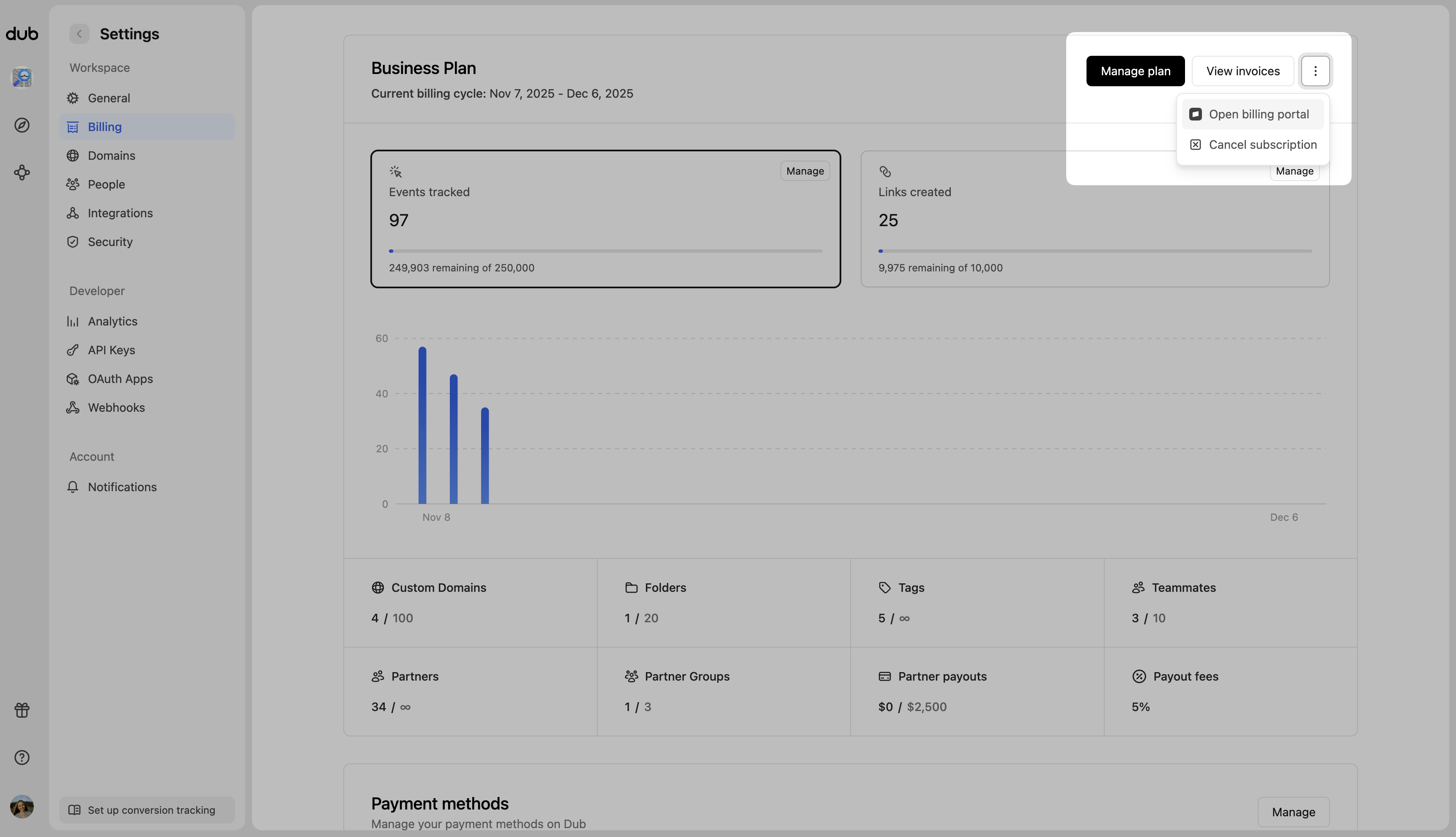 Billing section on Dub