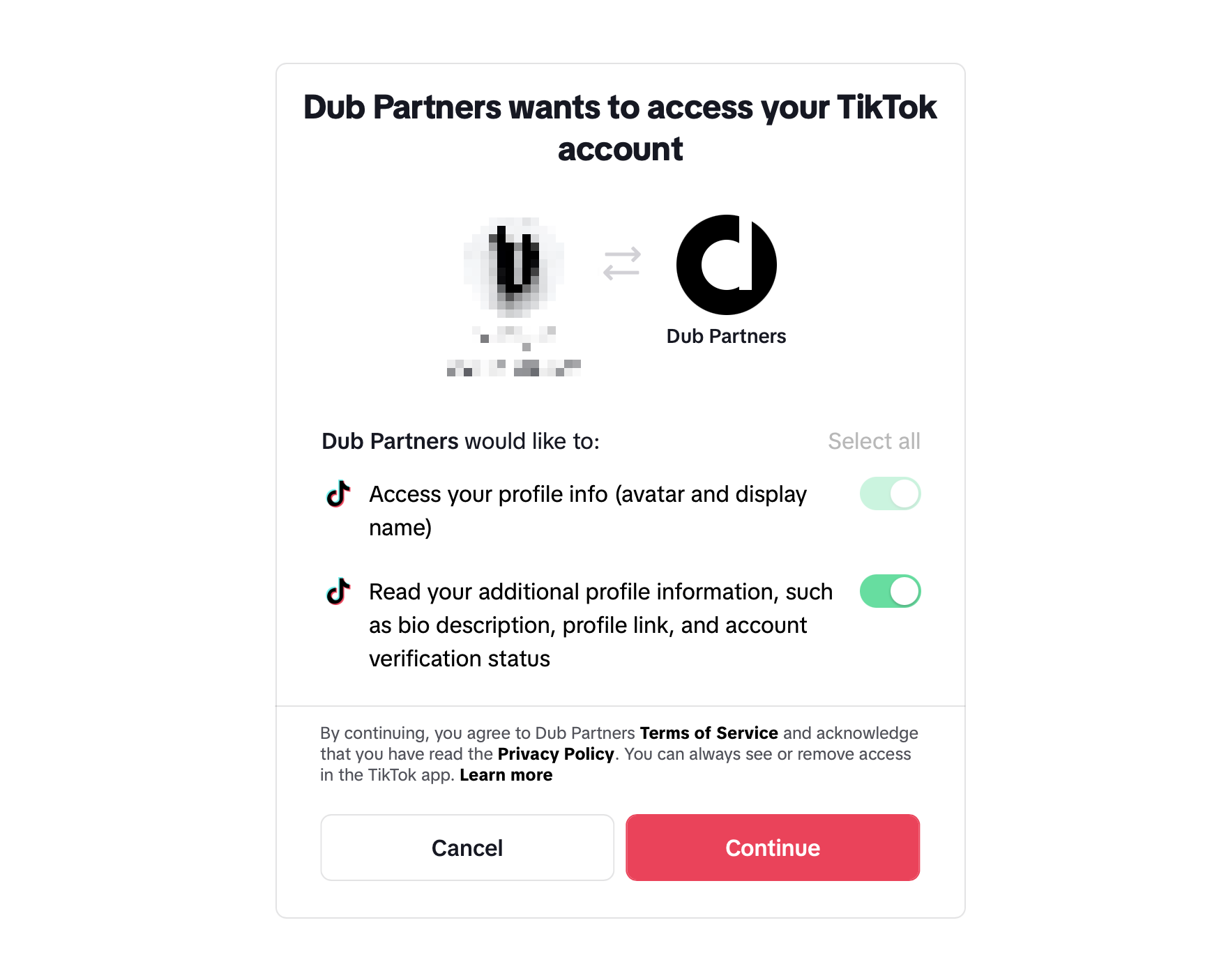 Authorizing Dub on TikTok