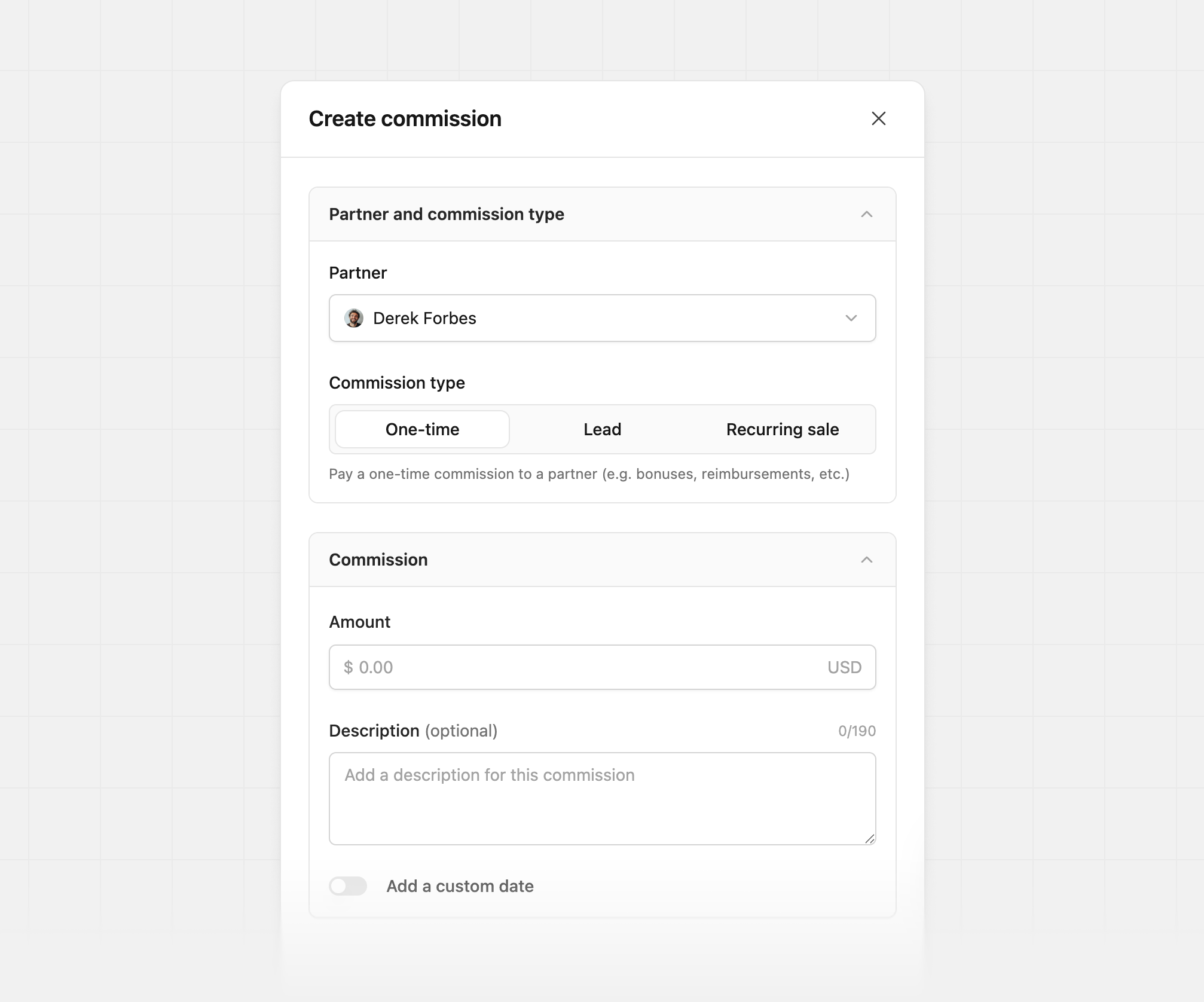 Create one-time commission