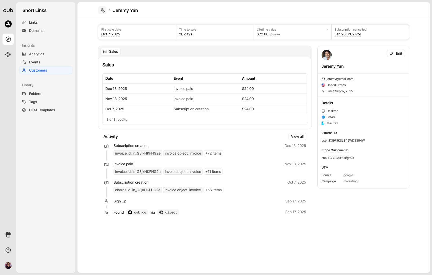 Customers page on Dub