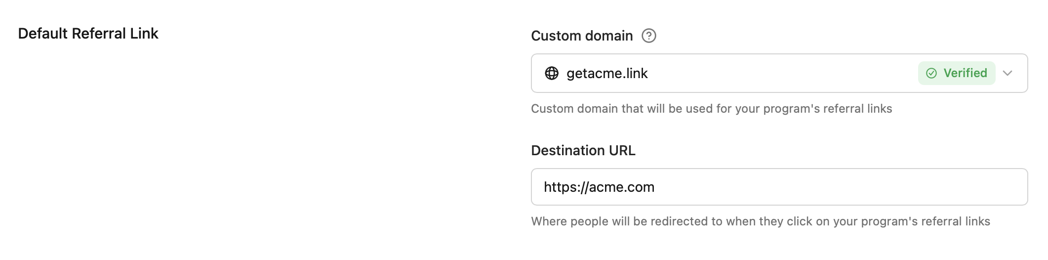 Default referral link settings