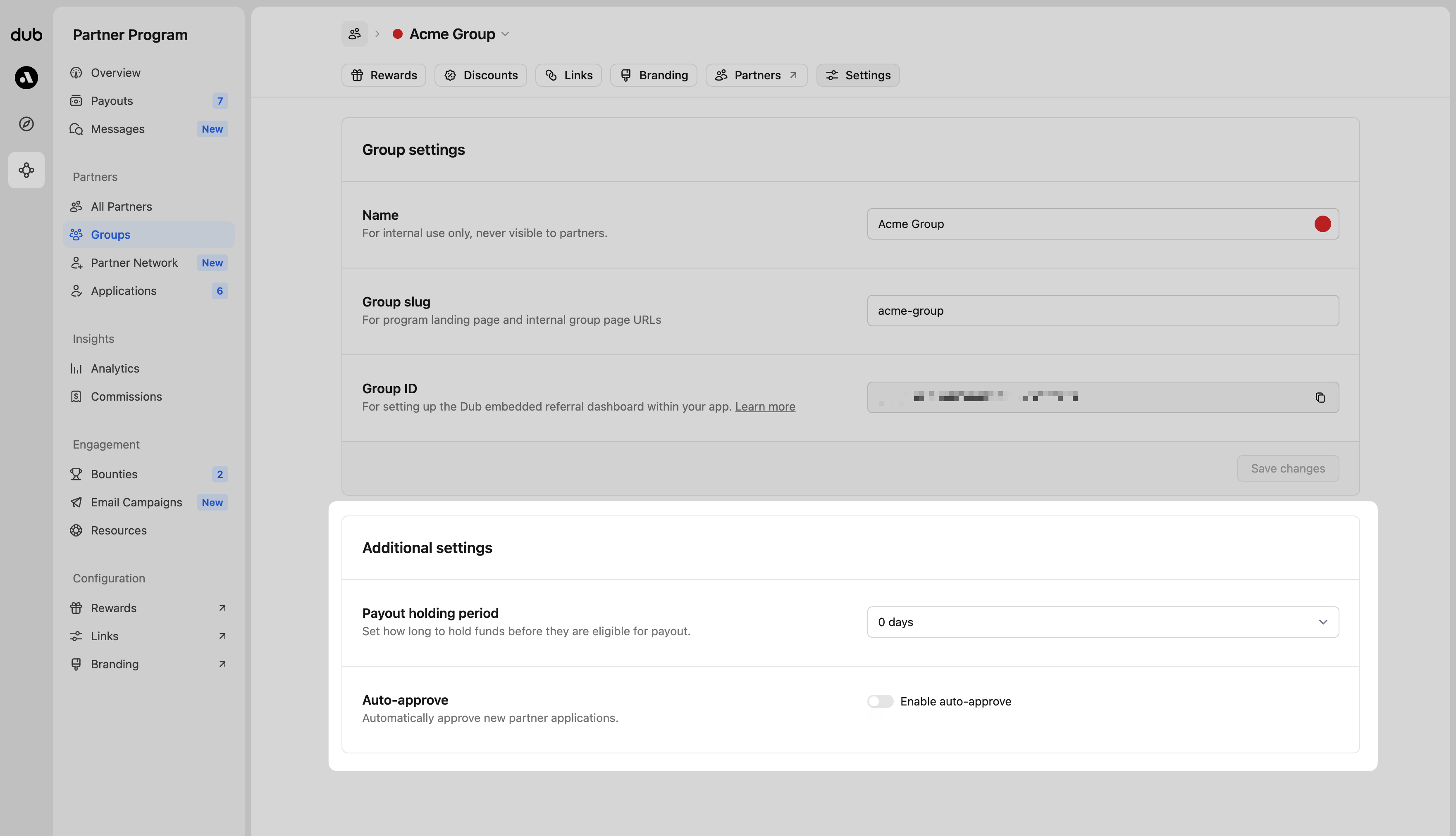 Program payout settings