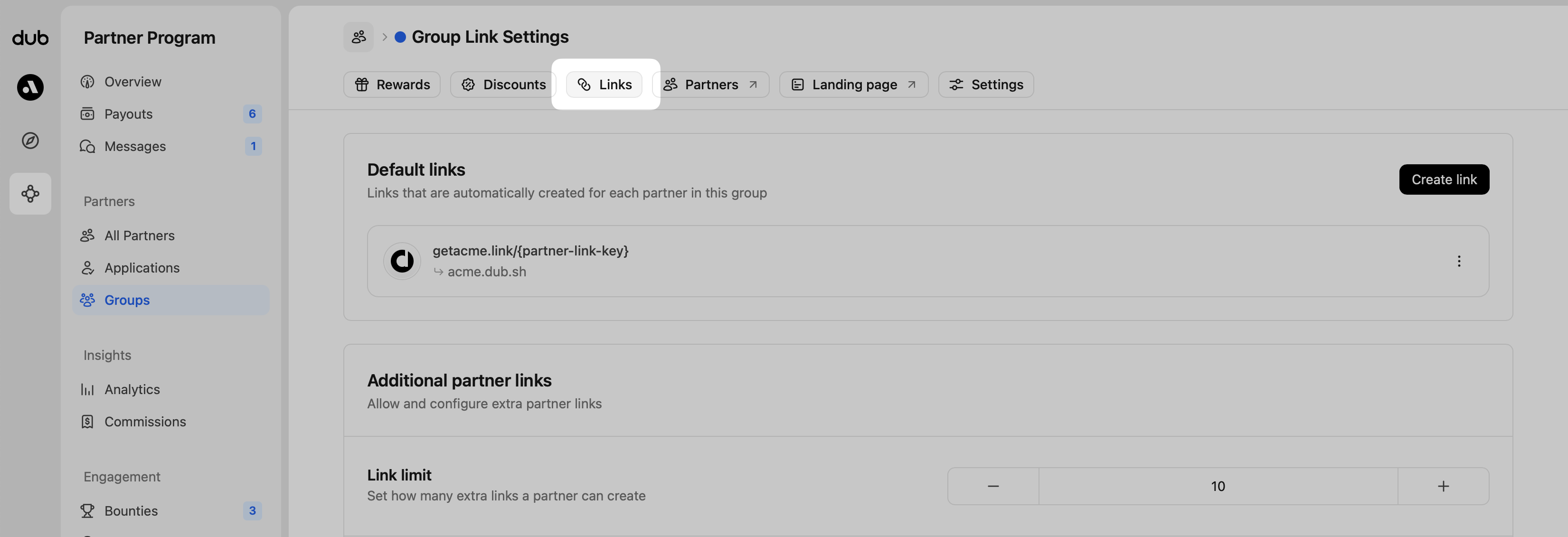 Group referral link settings