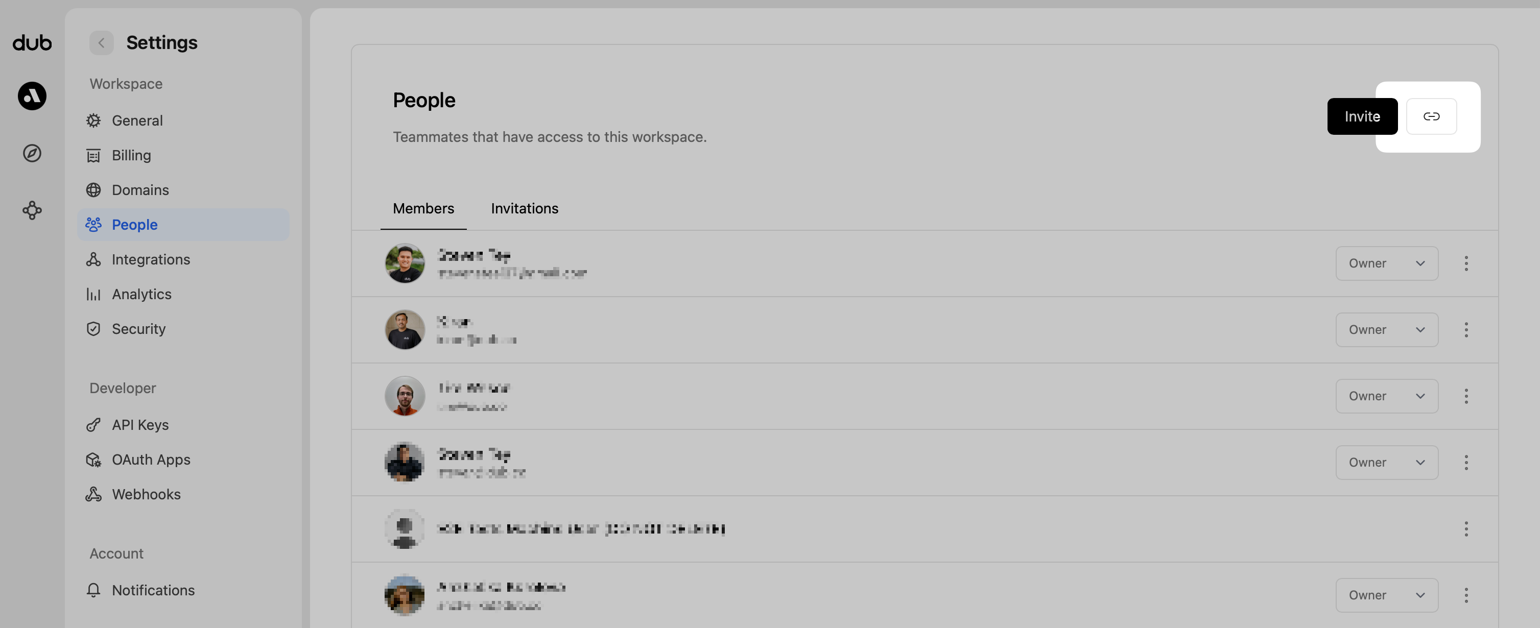 'Invite link' button in Dub.co
