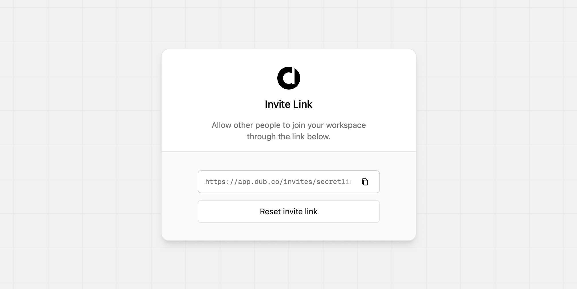 The Invite link modal in Dub.co