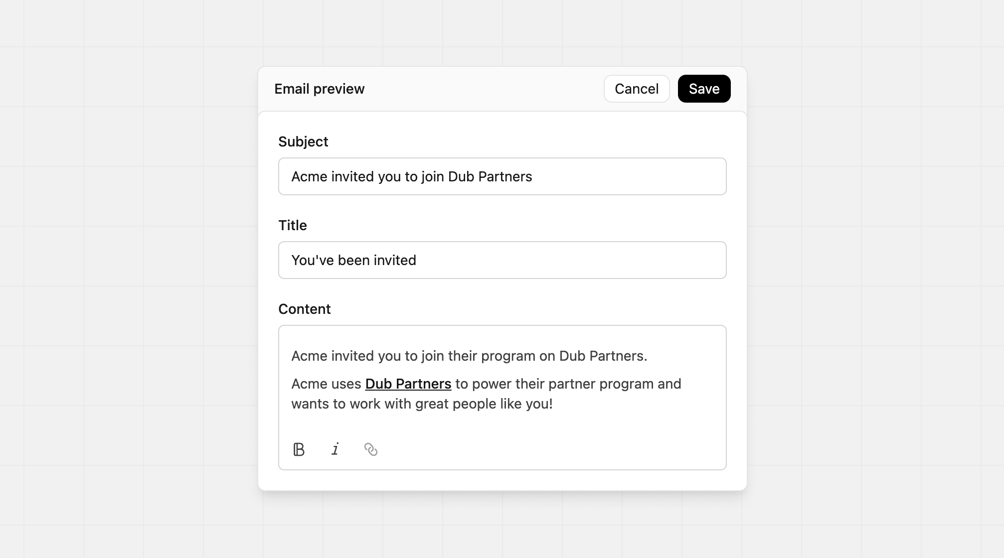 Partner email invite editor