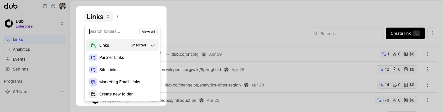 New folder links dashboard