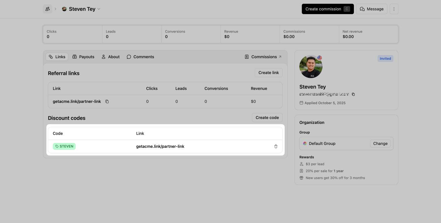 Partner links page with discount code