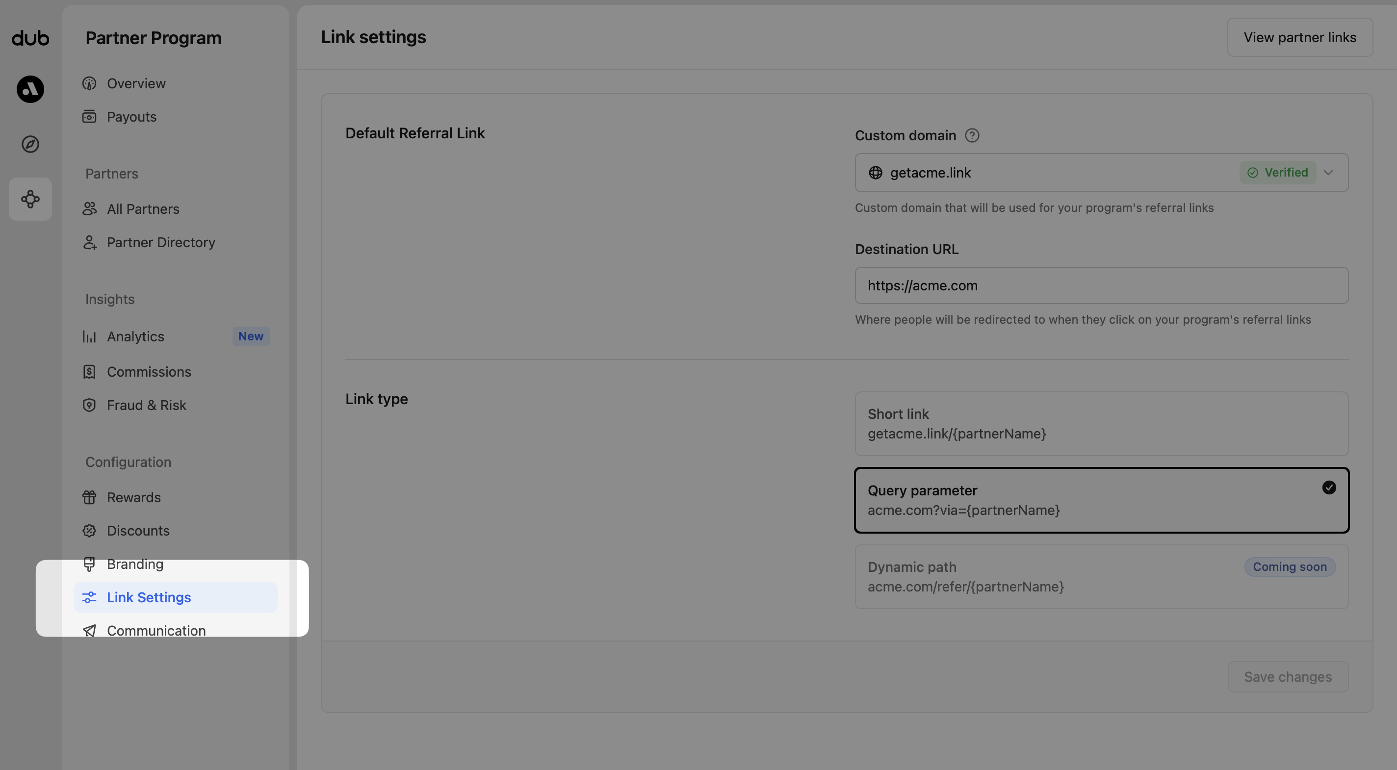 Default referral link settings