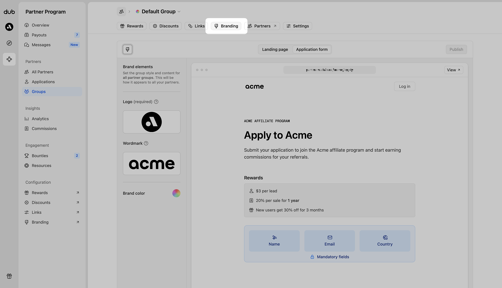 Branding page within your dashboard
