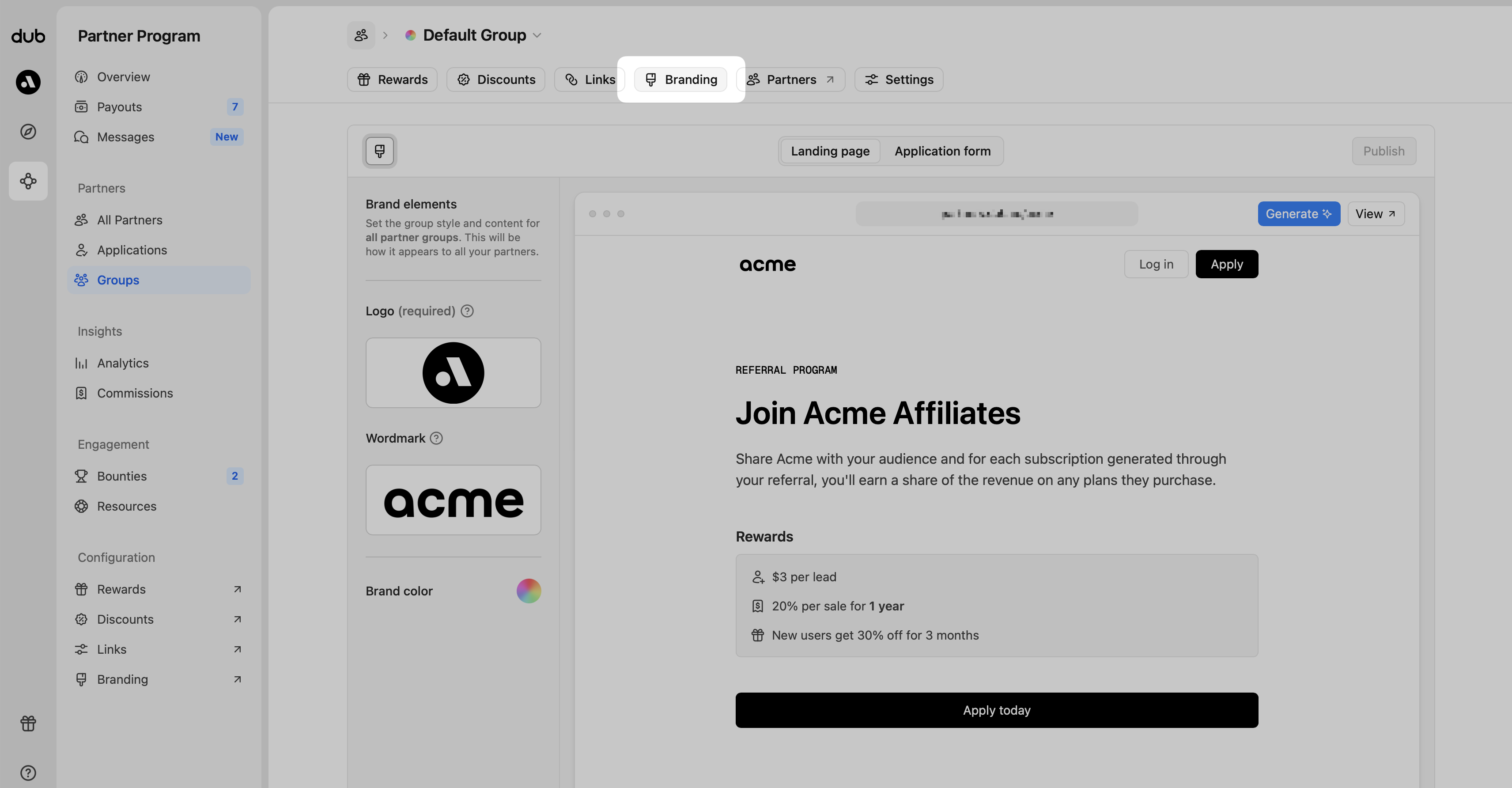 Branding page within your dashboard