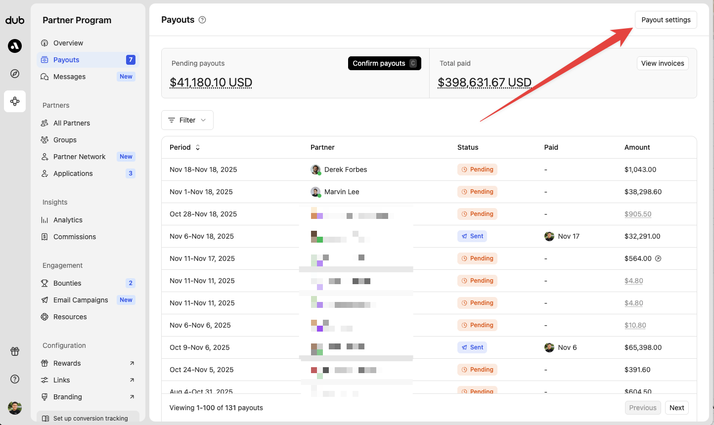 Payout settings button