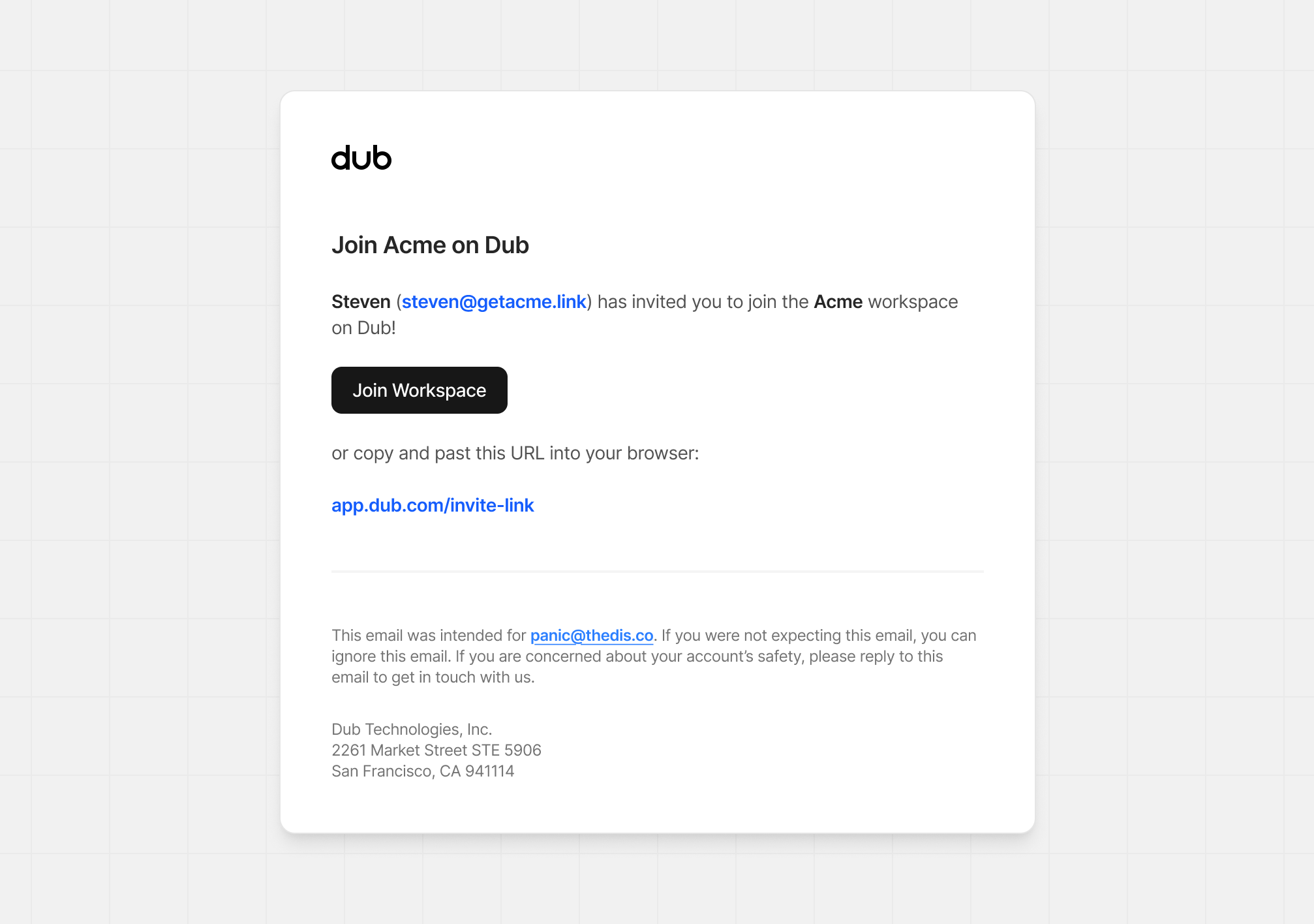 Email invitation to join a Dub.co workspace