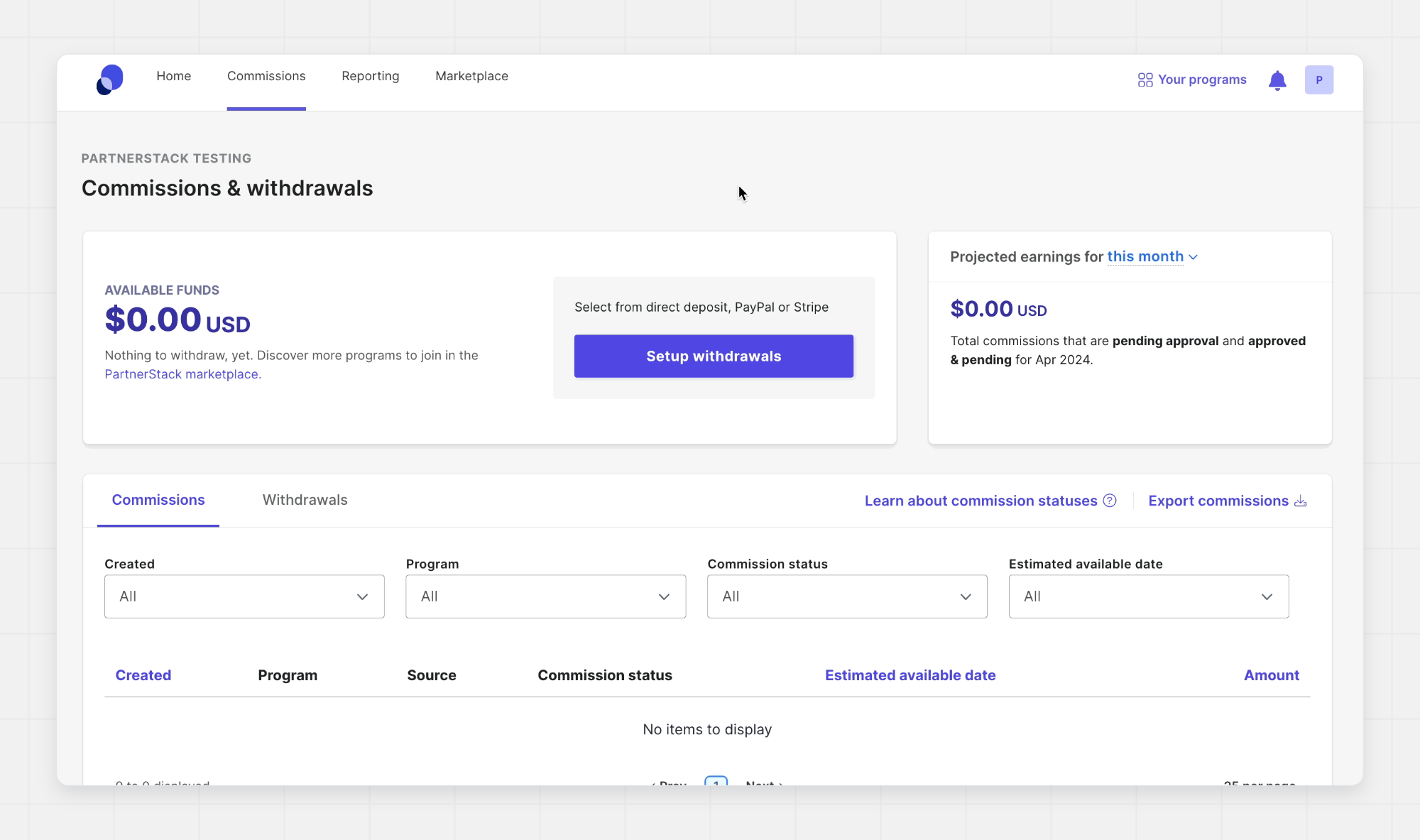 Partner commission withdrawals on PartnerStack