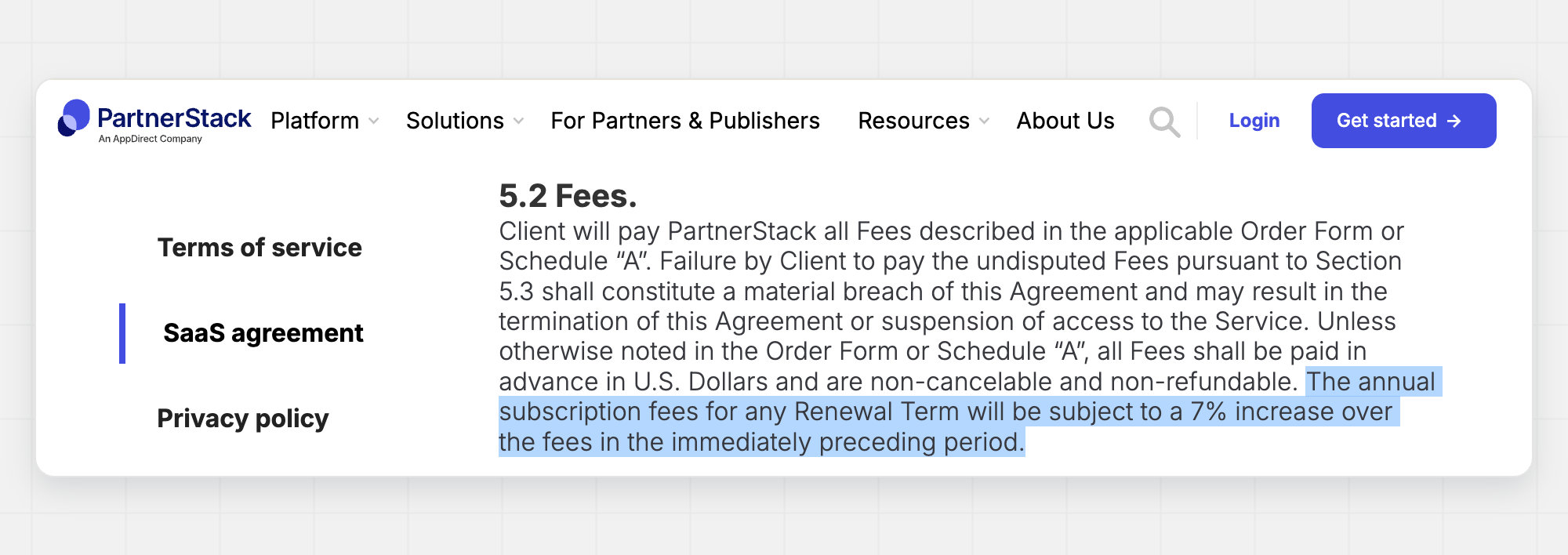 PartnerStack fees from their SaaS agreement