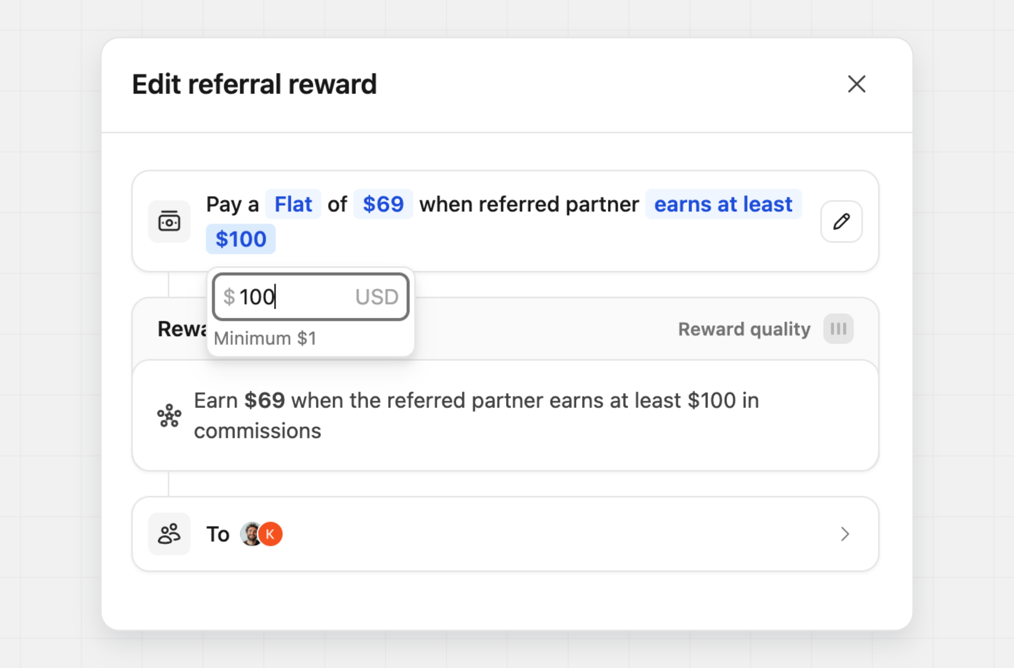 Dub partner referral reward builder