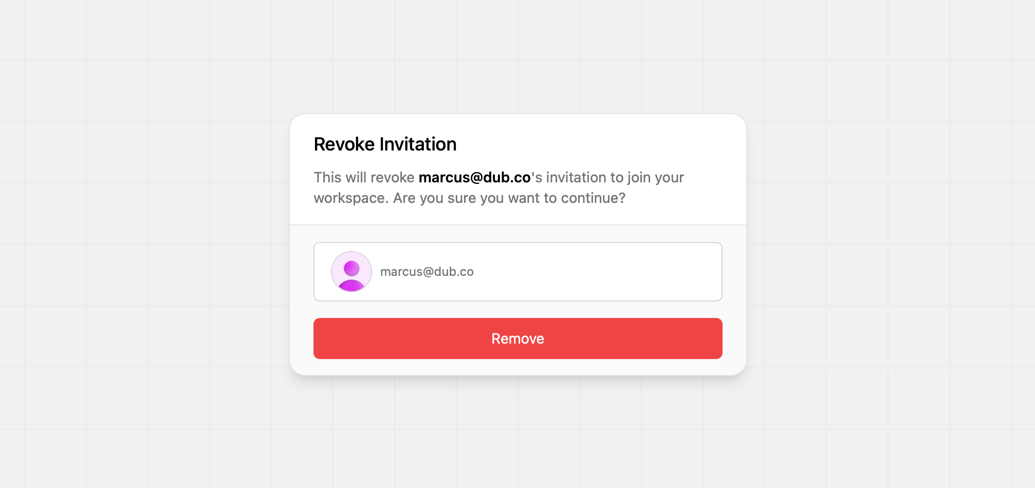 The Remove Invitation modal in Dub.co