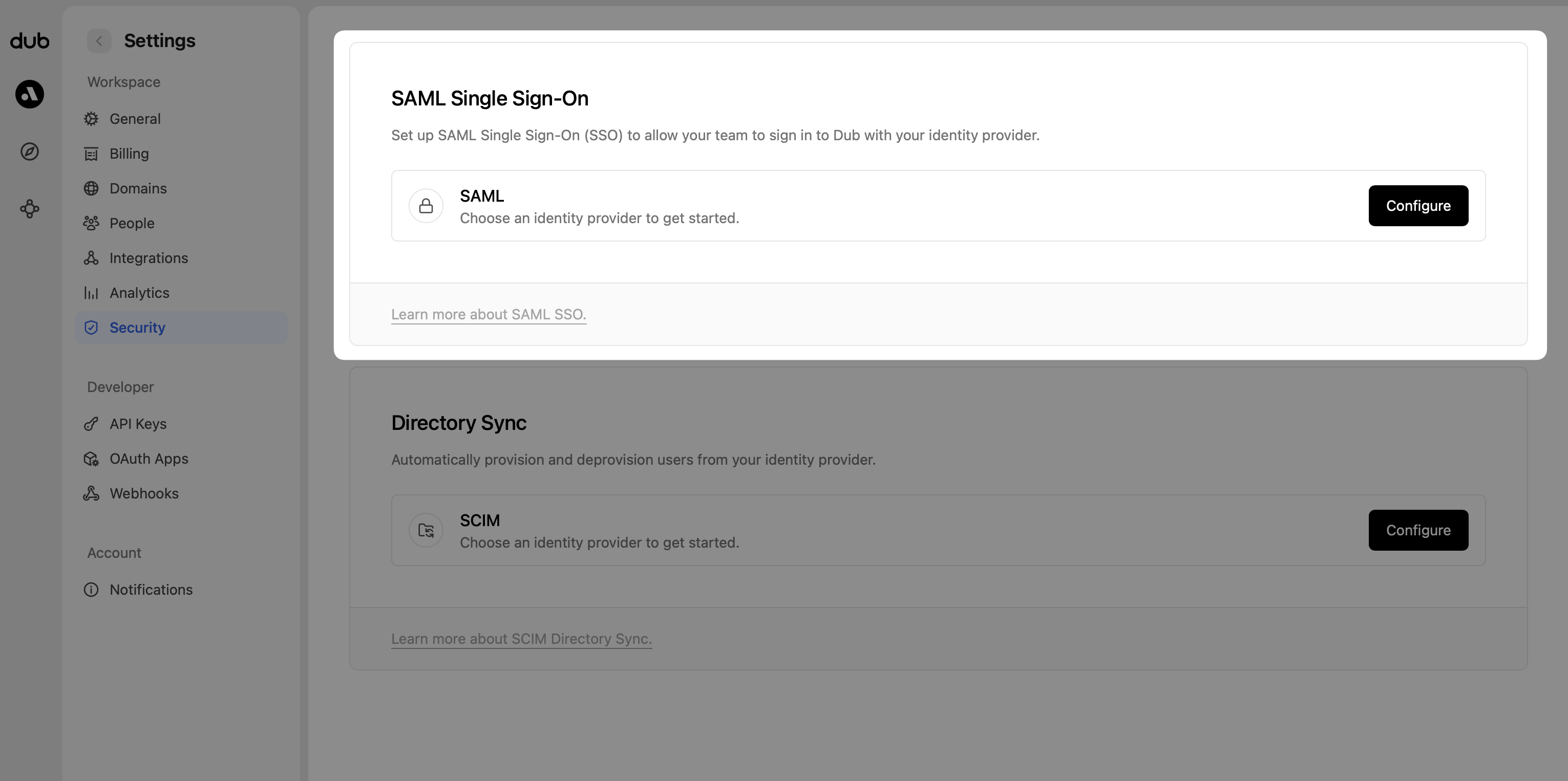 Directory Sync section on the Dub Dashboard