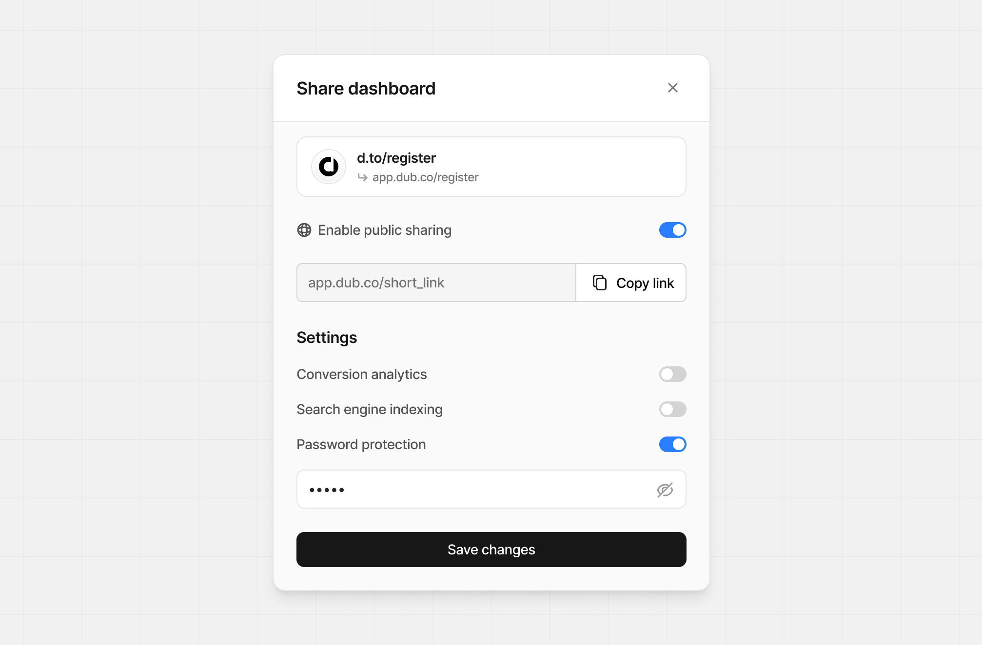 Share Dashboard modal with password protection enabled