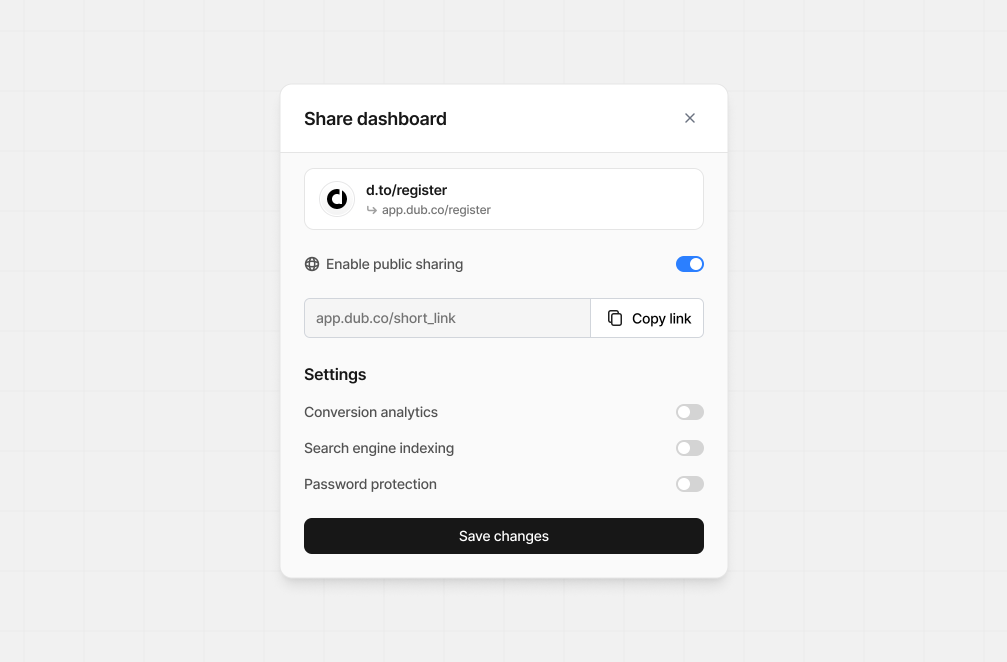 Share short link dashboard modal