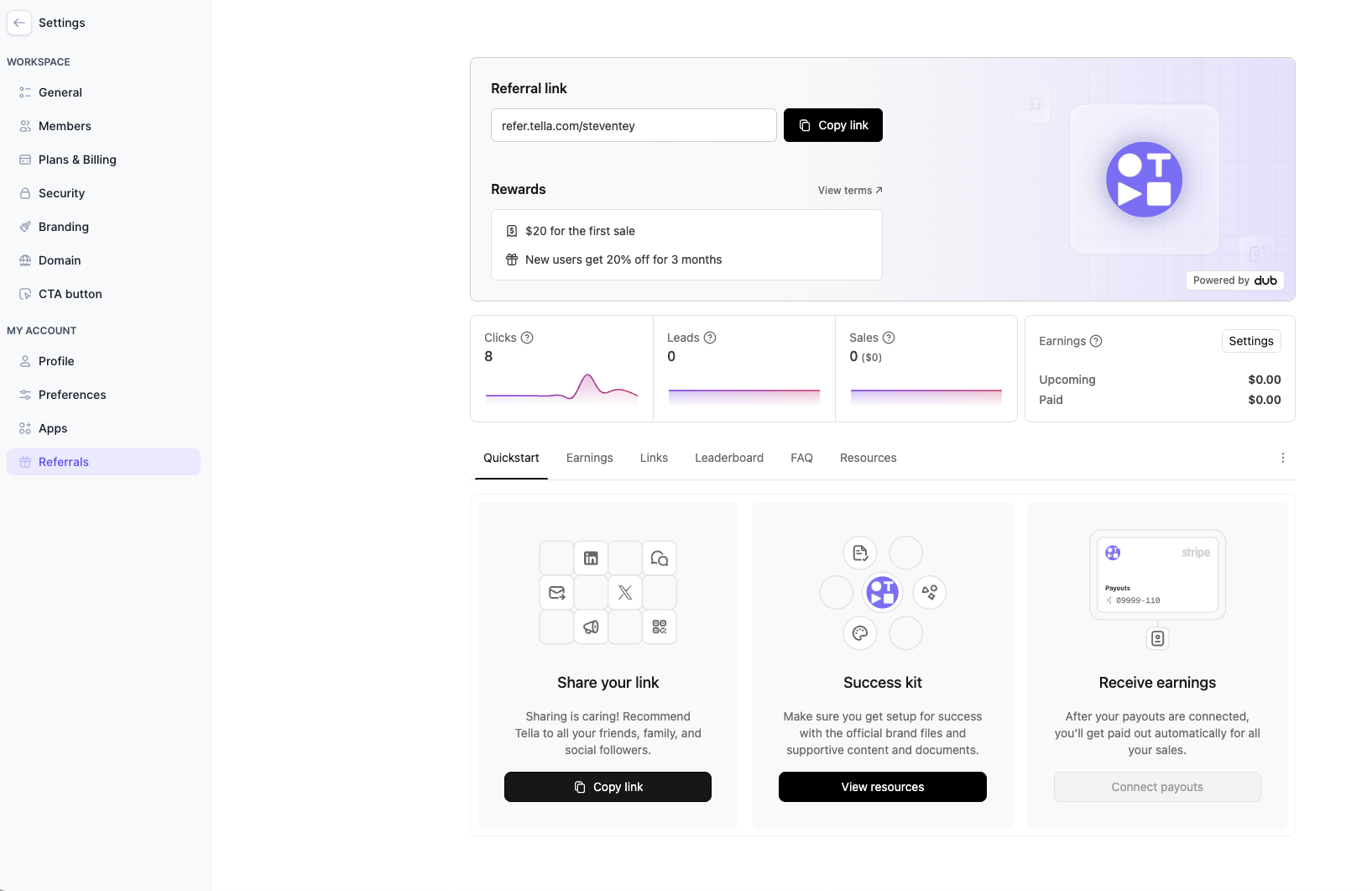 Whitelabeled referral dashboard within Tella's application