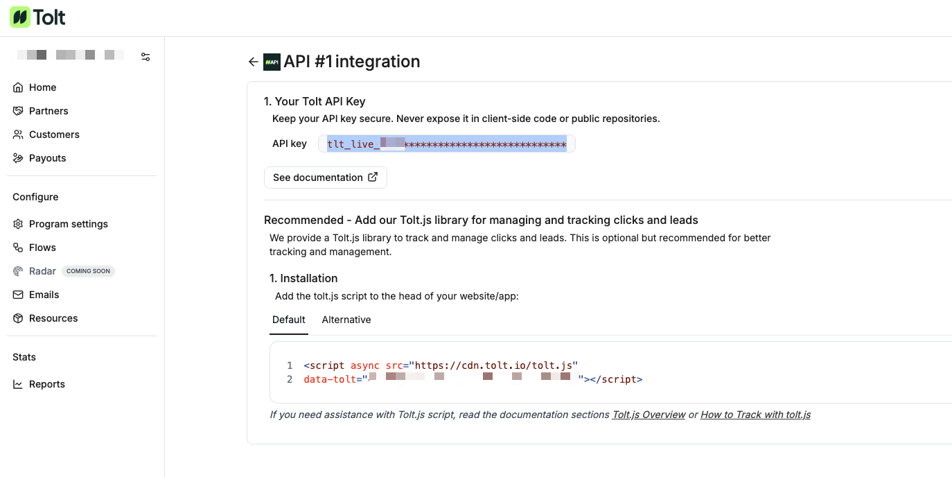 Tolt API key