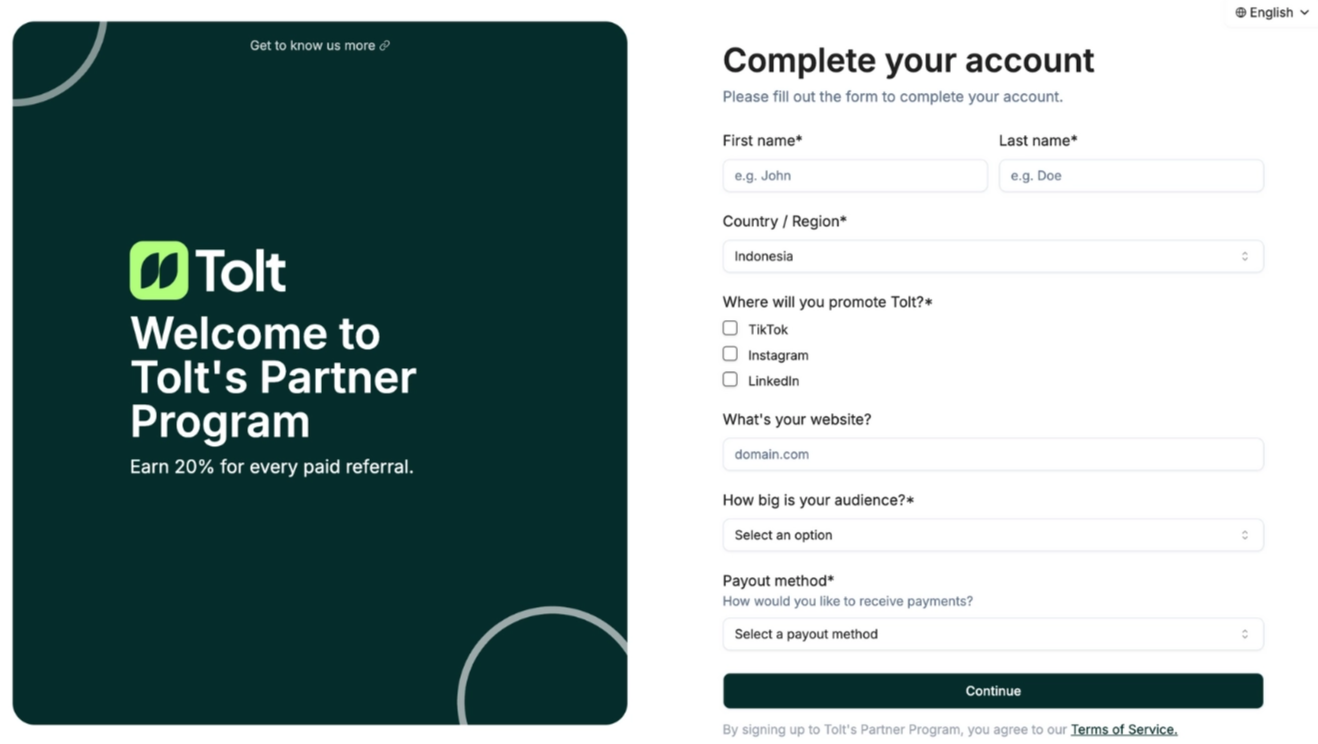 tolt's sign-up pages