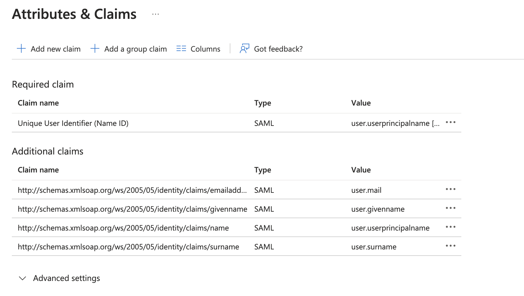 Additional claims section on the Azure Dashboard