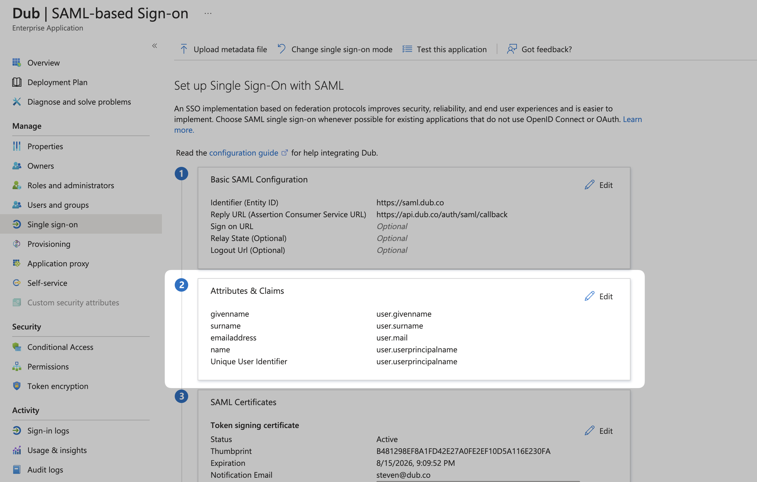 Attributes & Claims section on the Azure Dashboard