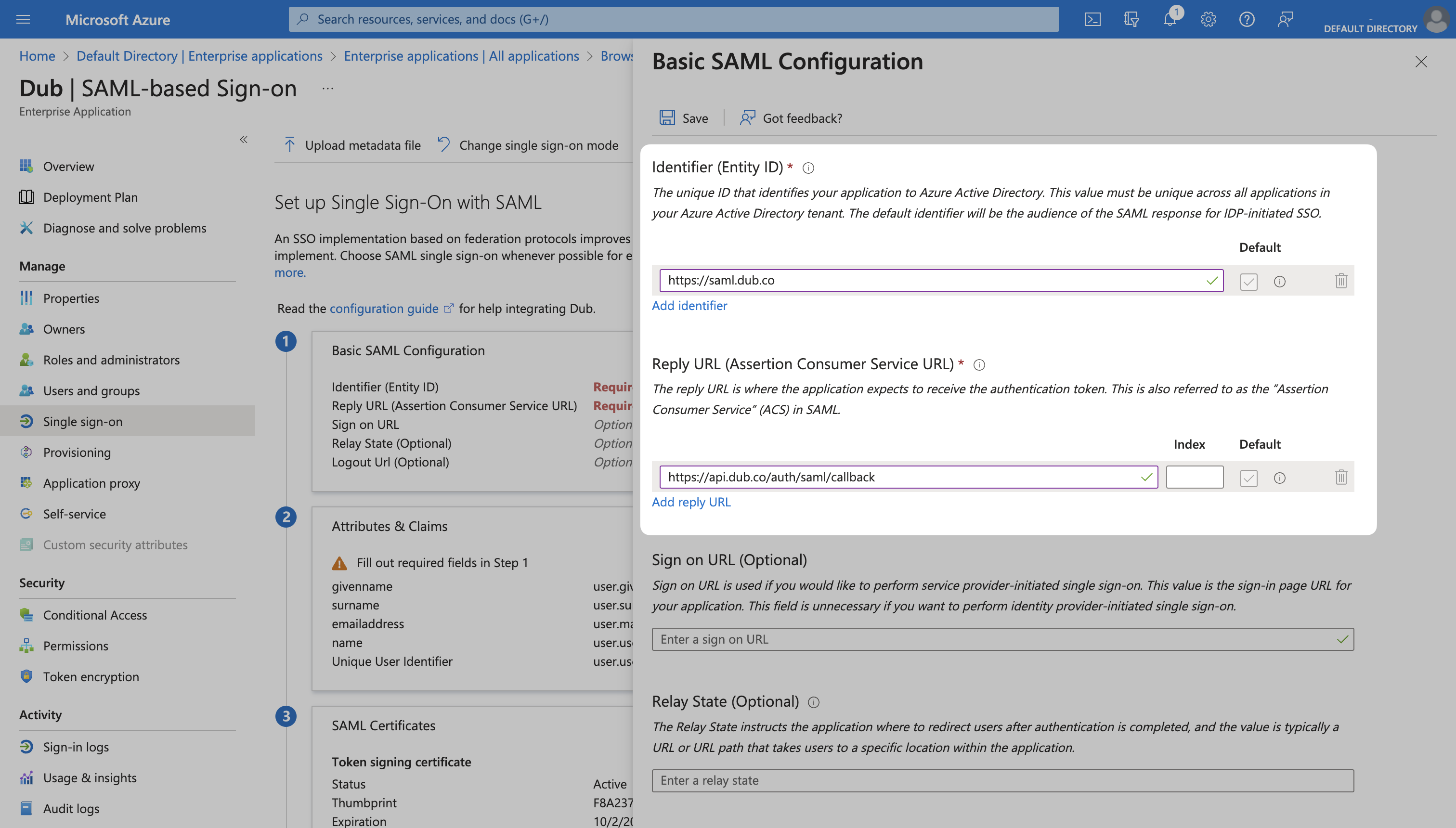 Basic SAML Configuration section on the Azure Dashboard