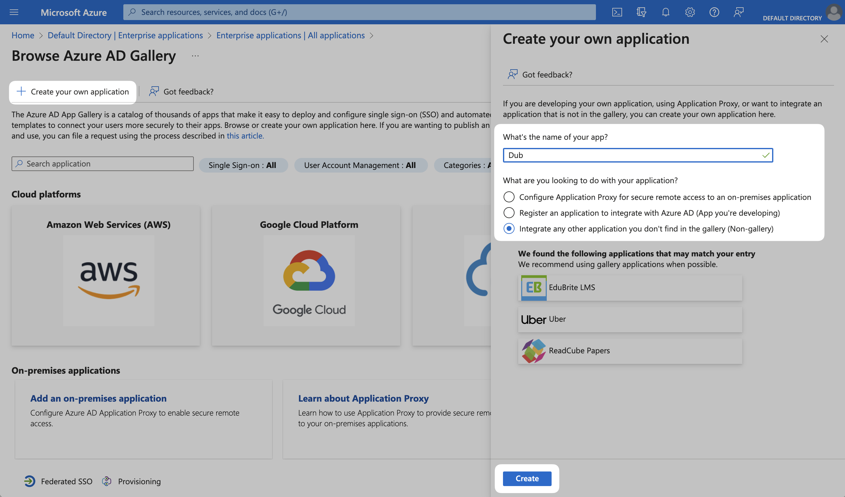 Create your own application option on the Azure Dashboard