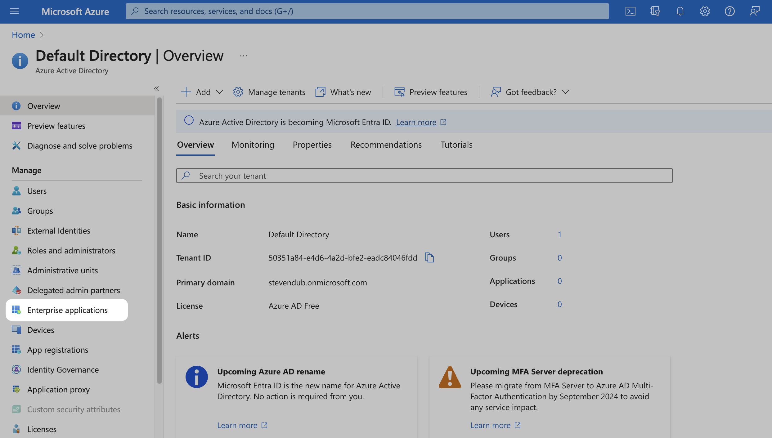 Enterprise applications option on the Azure Dashboard