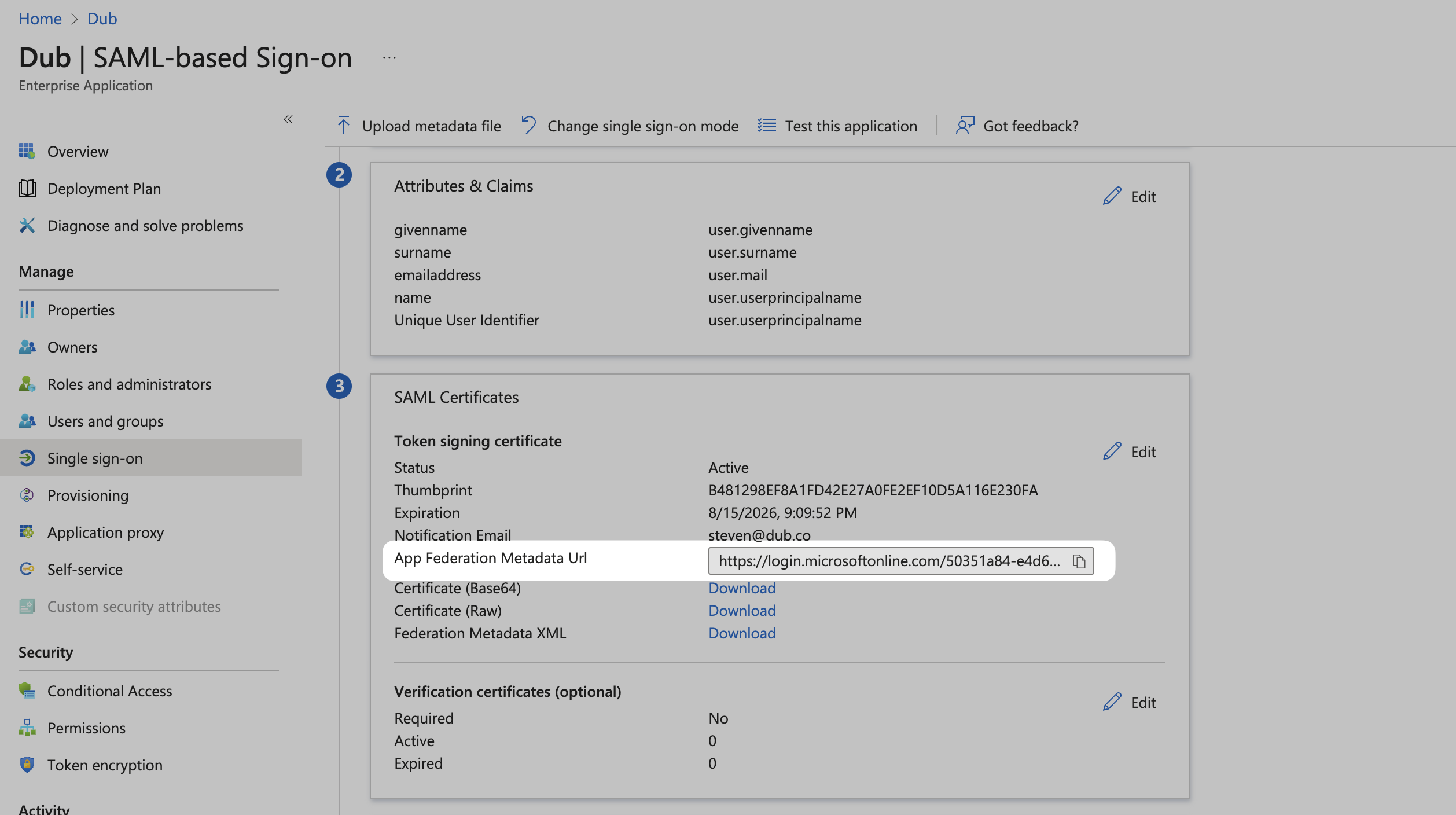 Metadata URL on the Azure Dashboard