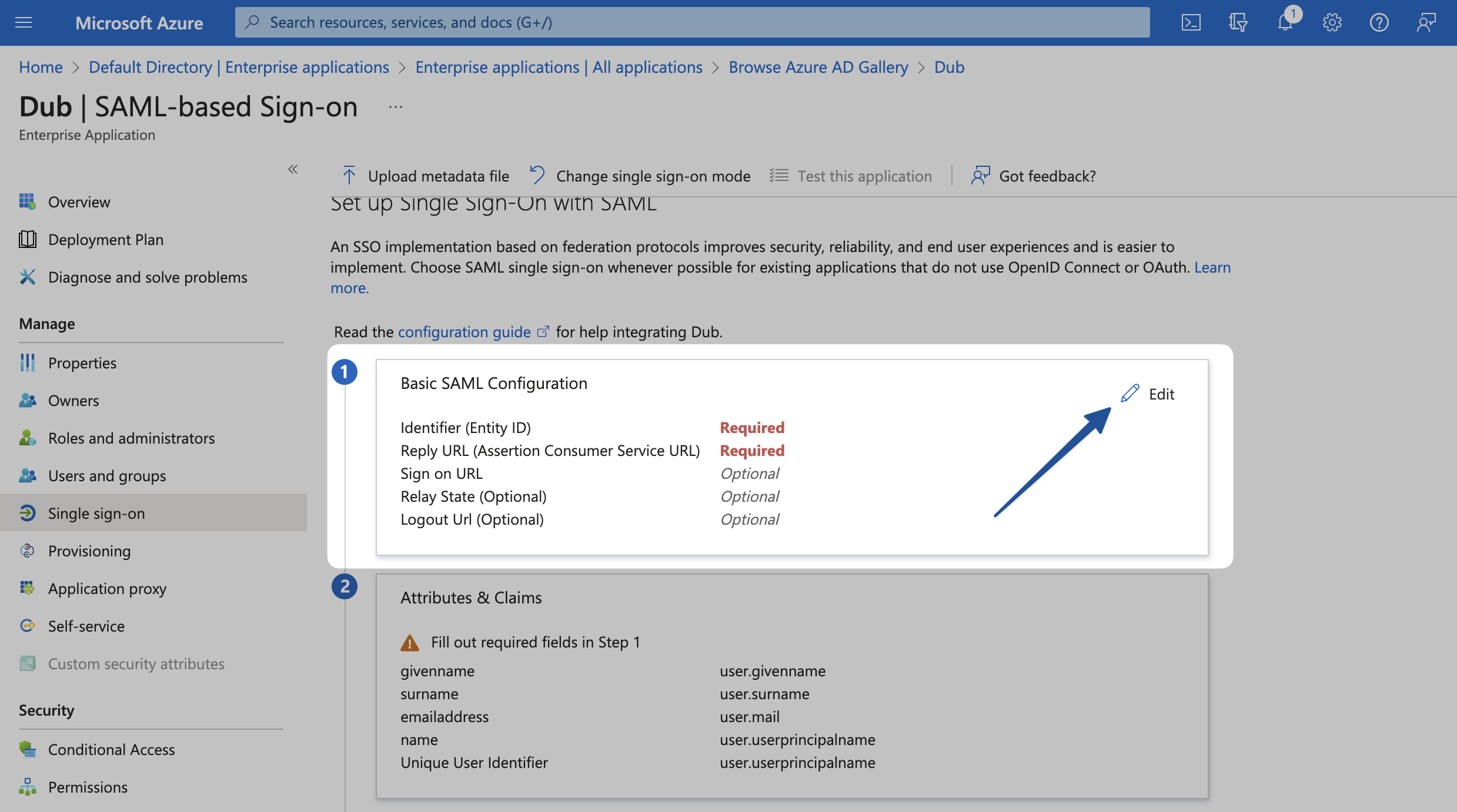 Edit button on the SAML Settings page on the Azure Dashboard