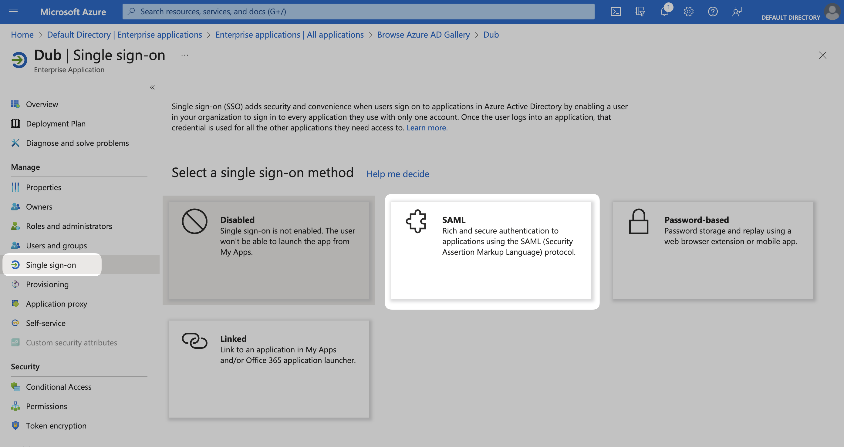 SAML option on the Azure Dashboard