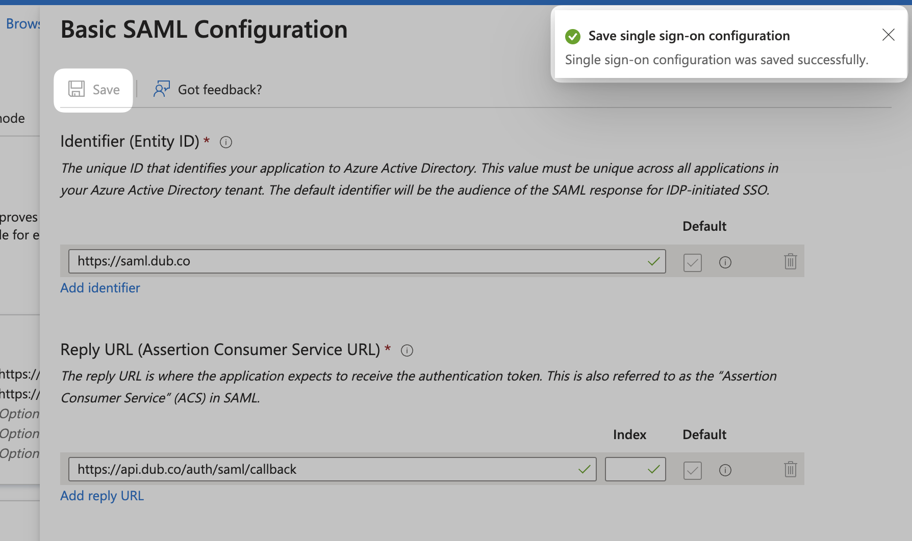 Basic SAML Configuration section on the Azure Dashboard