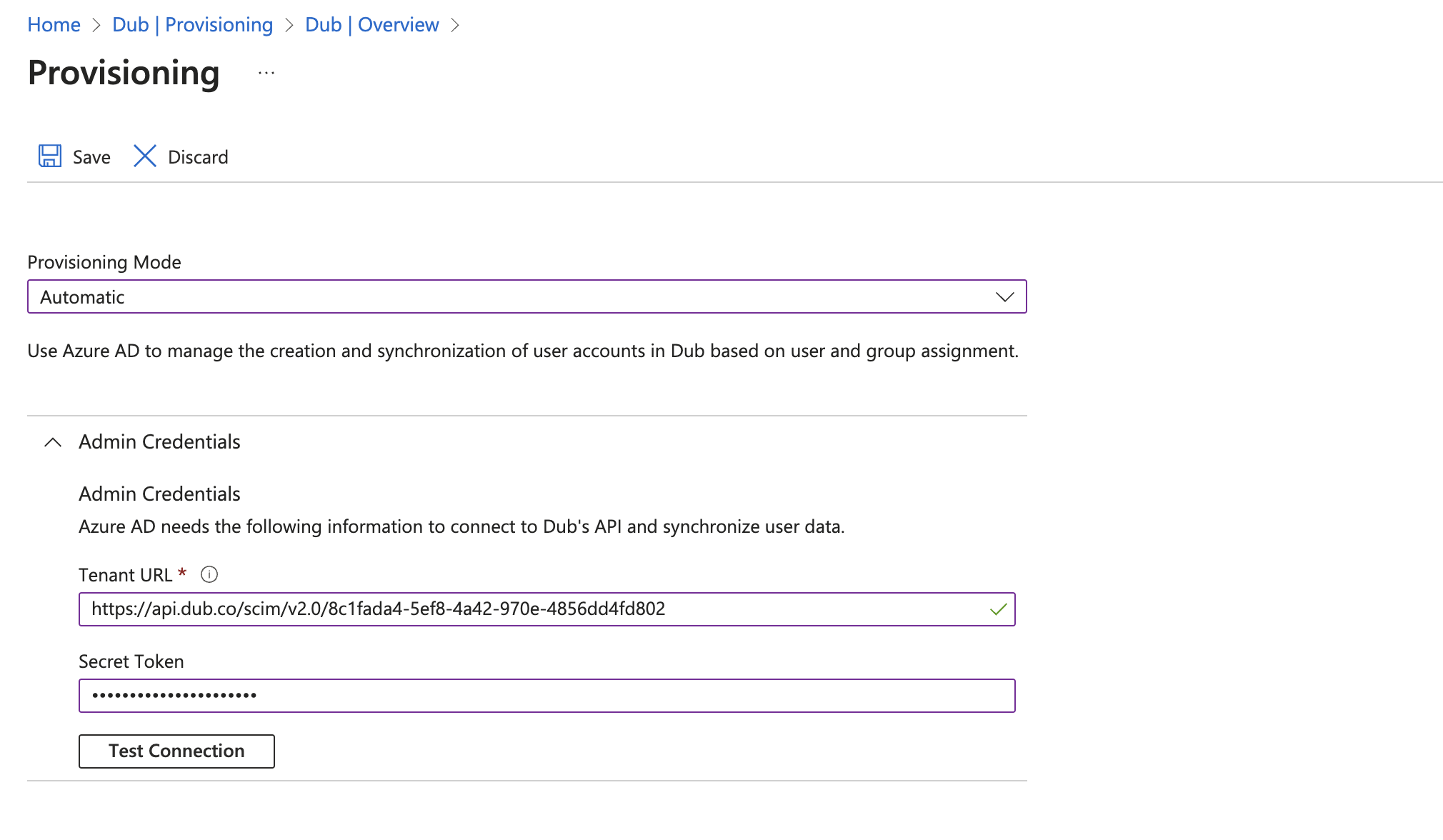 Provisioning tab of Azure SAML application