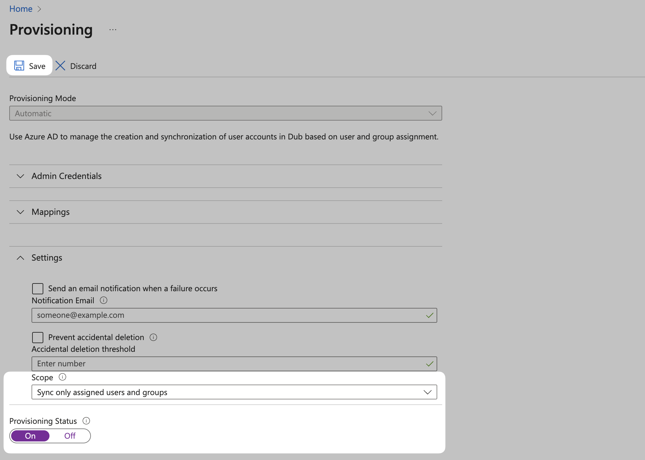 Settings section of Azure SAML application