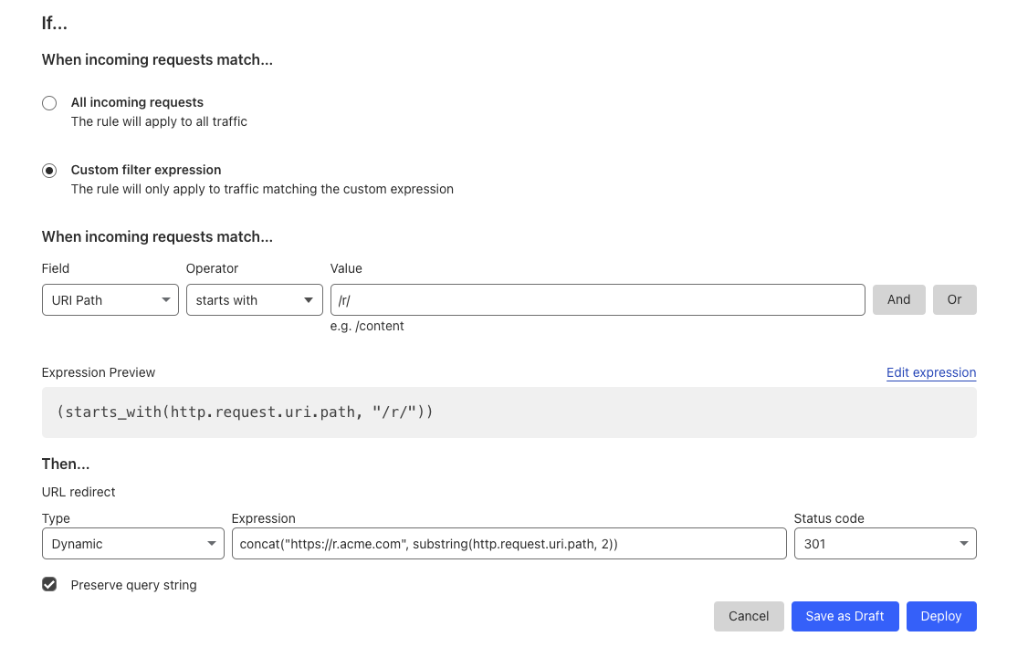 Cloudflare Redirect Rules example