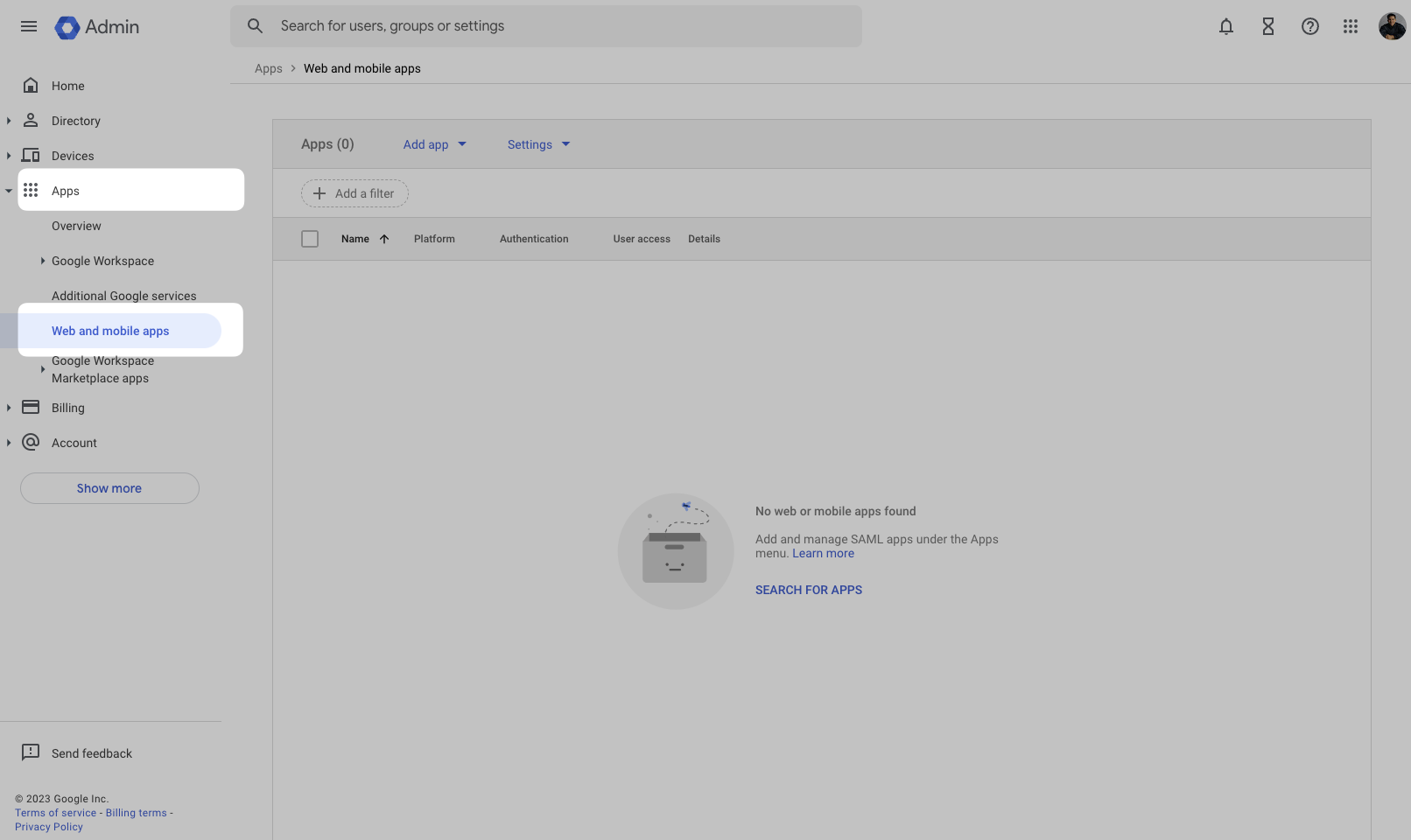 Apps > Web and mobile apps on the Google Admin Dashboard