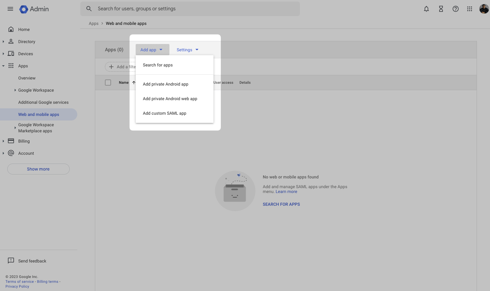 Create App on the Google Admin Dashboard