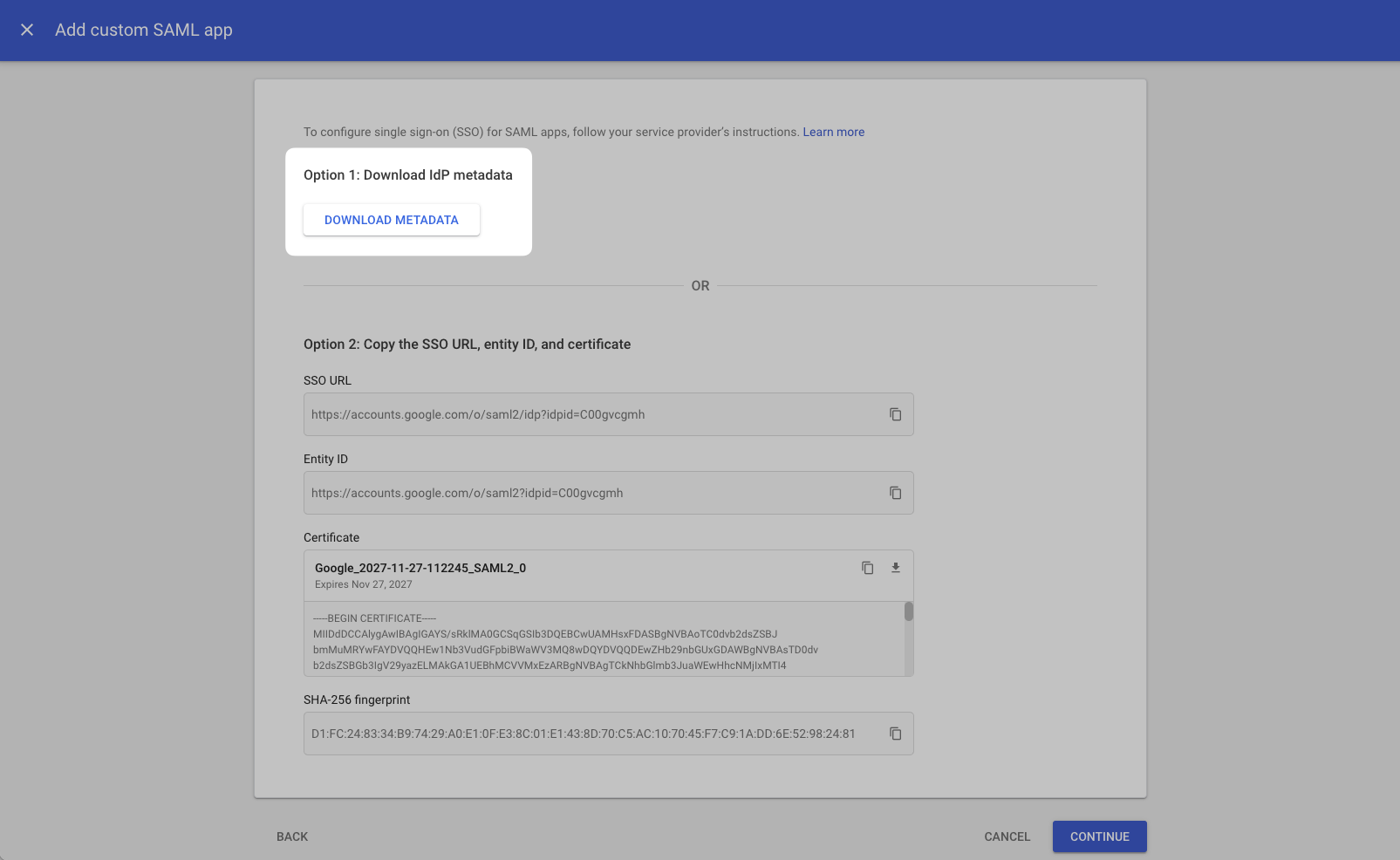 Downloading SAML metadata on the Google Admin Dashboard