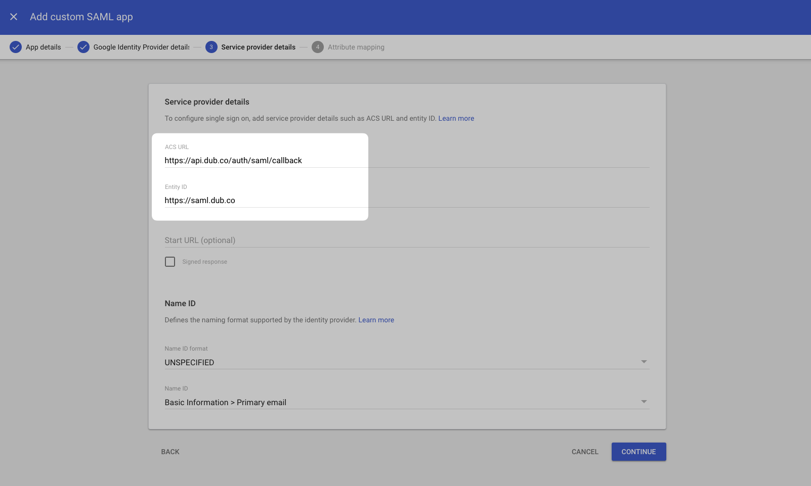 Service provider details on the Google Admin Dashboard