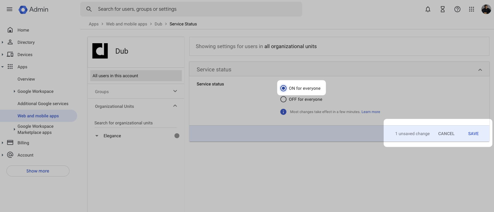 Turn on access for everyone on the Google Admin Dashboard