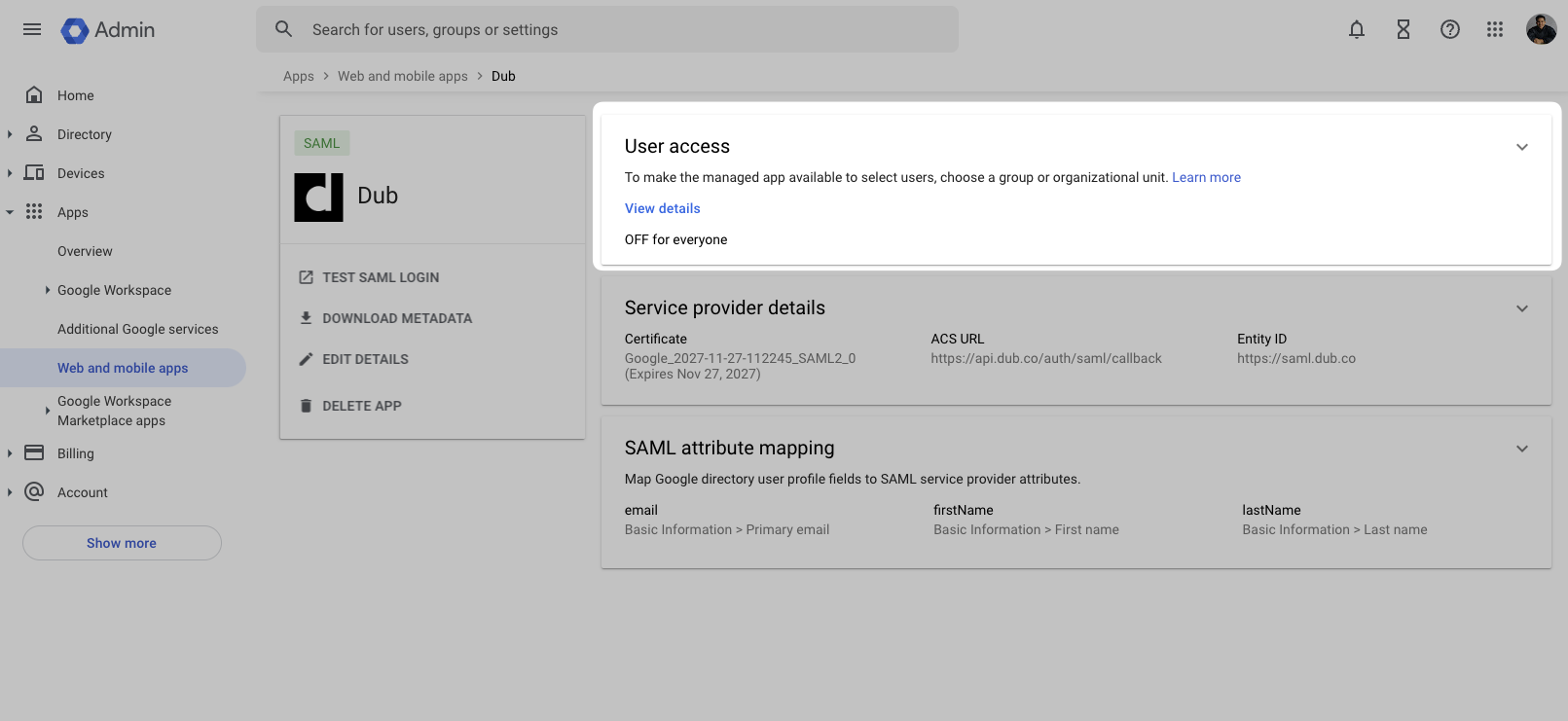 User access on the Google Admin Dashboard