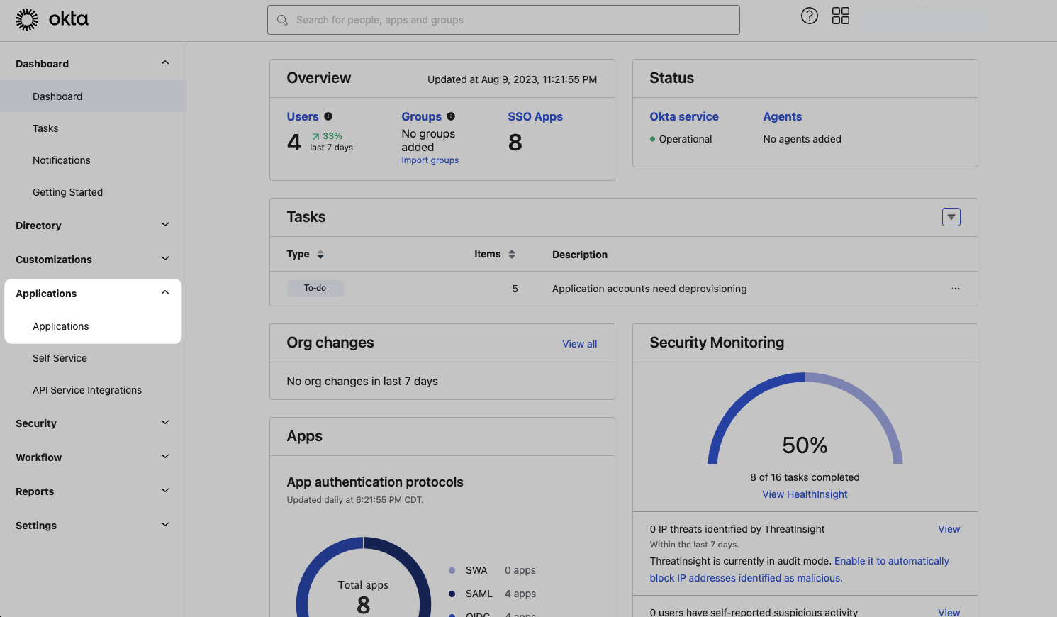 Applications tab on the Okta Dashboard