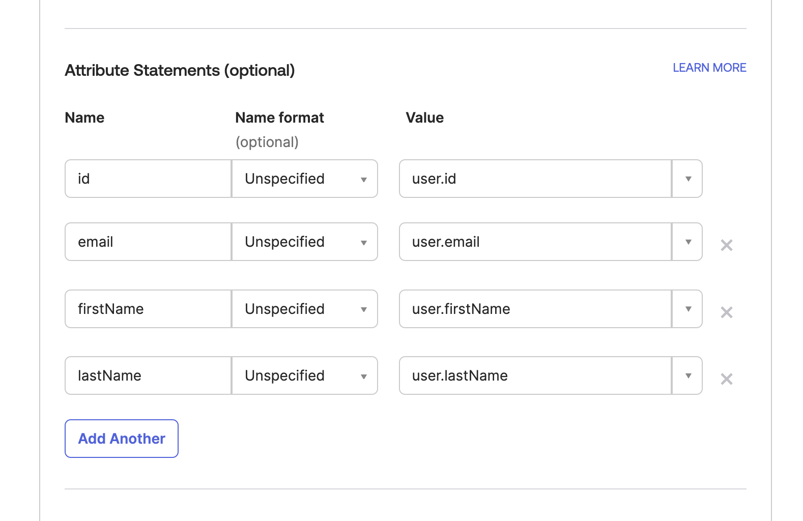 Attribute Statements section on the Okta Dashboard