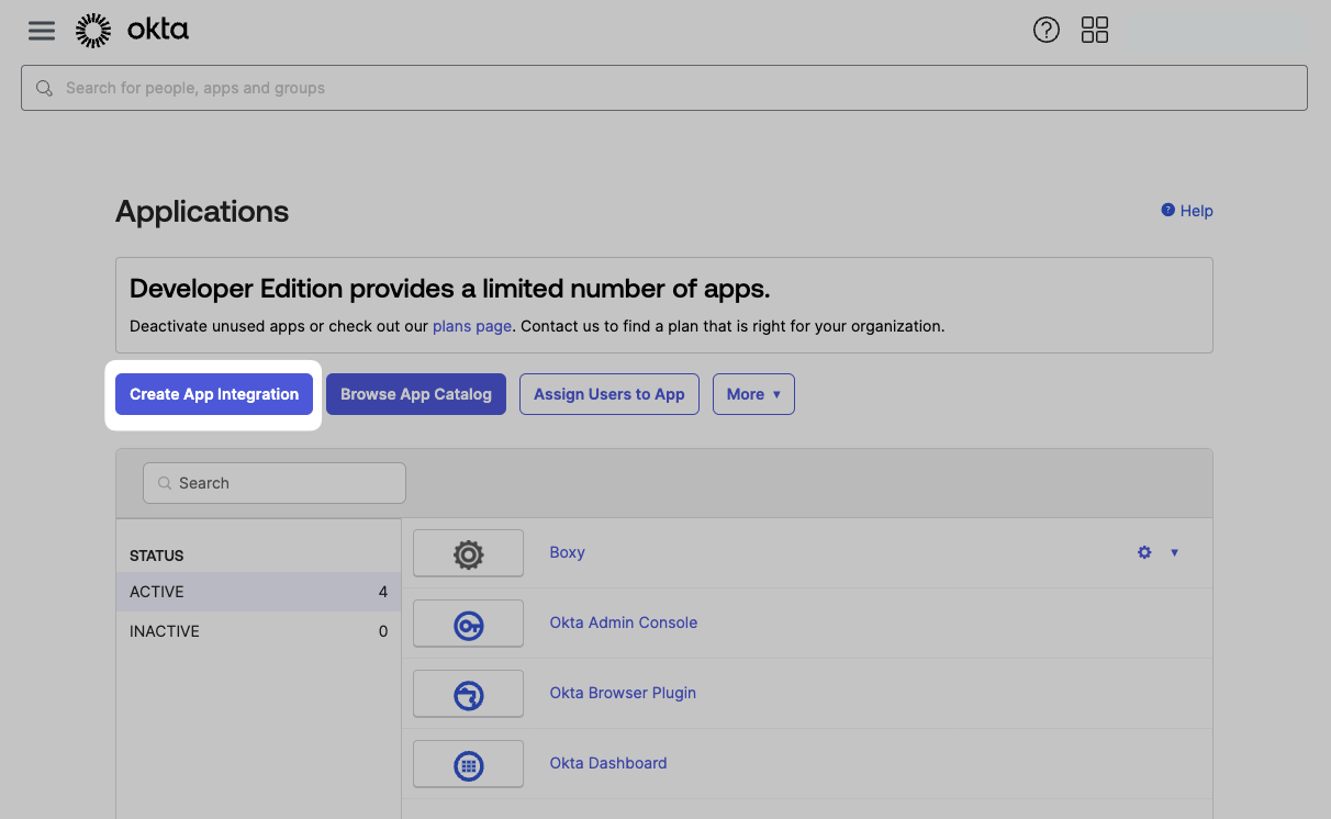 Create App Integration button on the Okta Dashboard